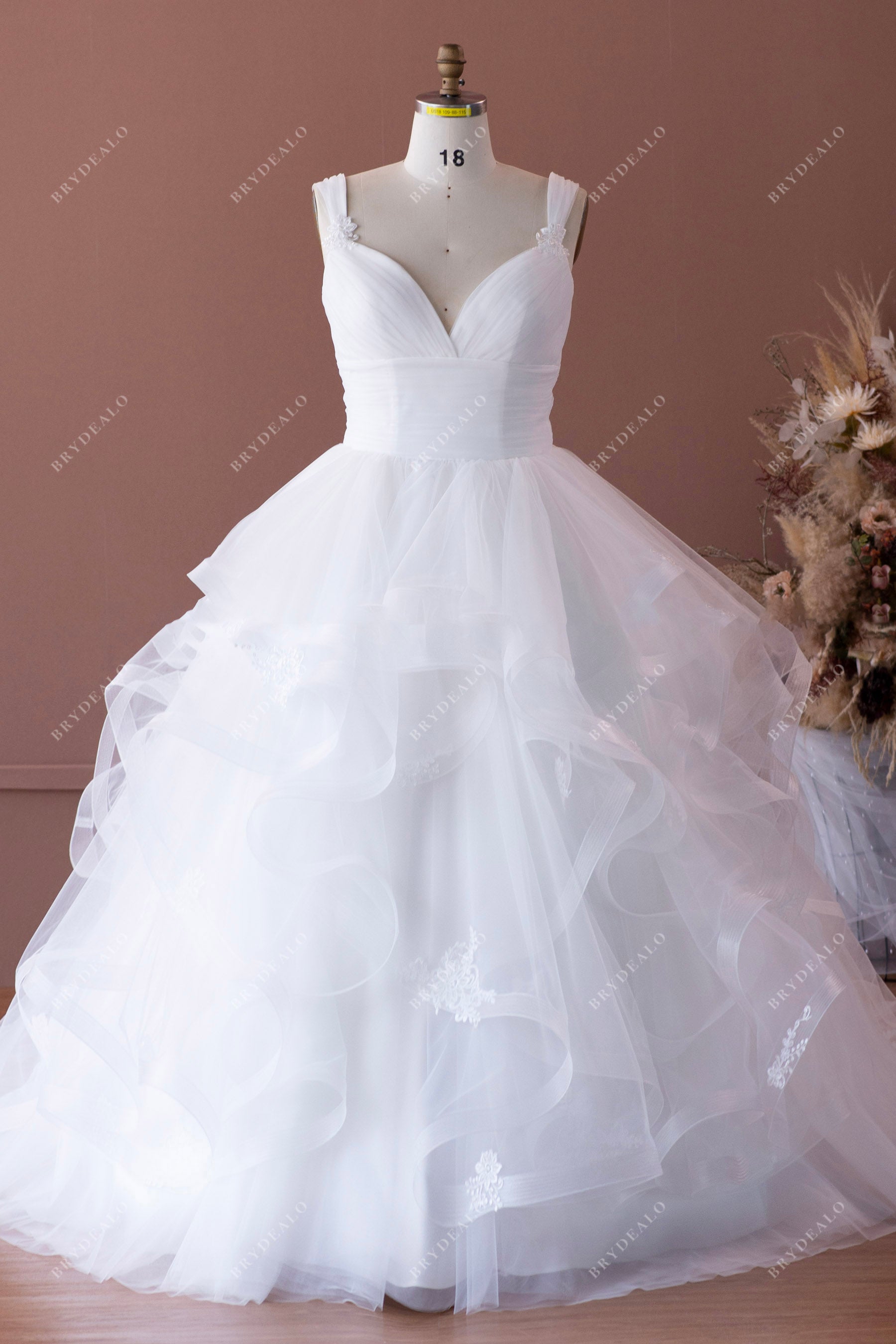 white straps ruffled ballgown bridal dress