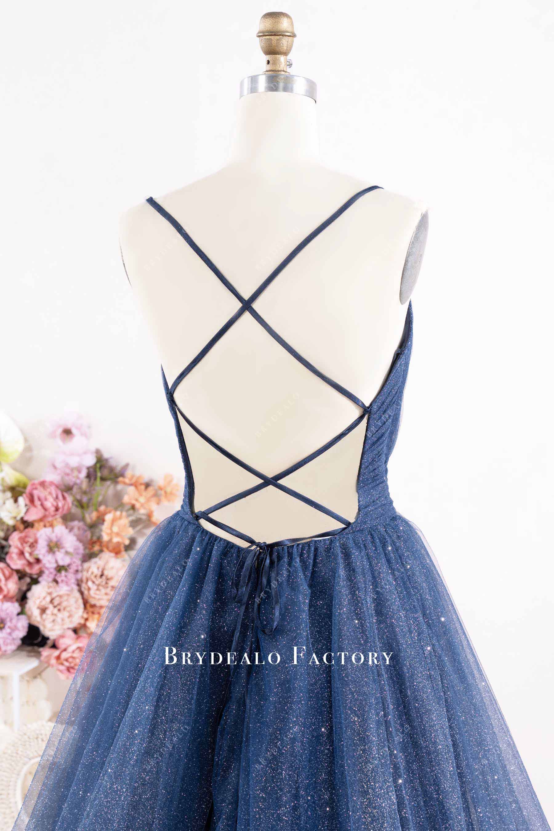 Navy Shimmery Tulle V Neck Criss Cross Back Prom Dress