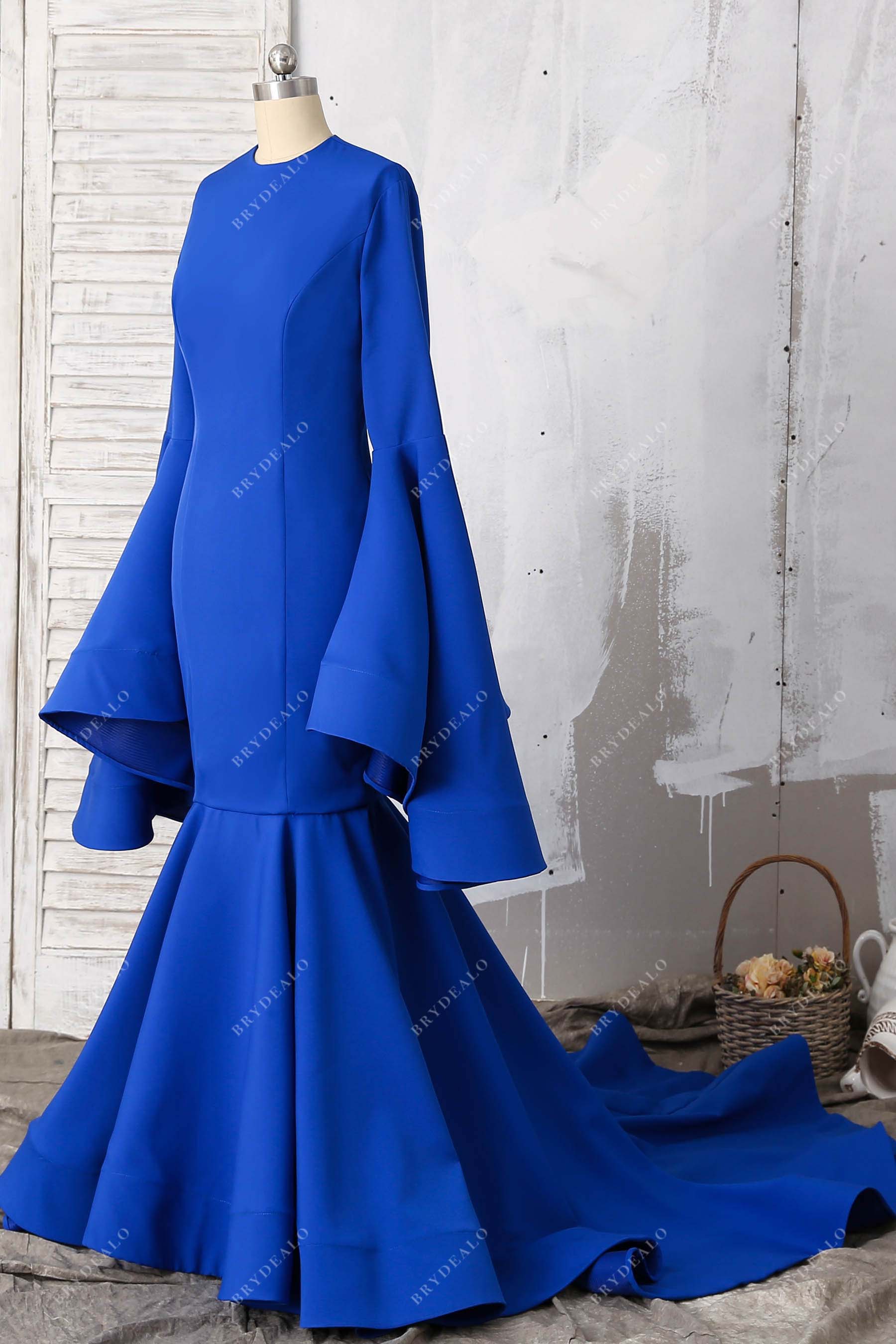 super long bell sleeves blue matte prom gown