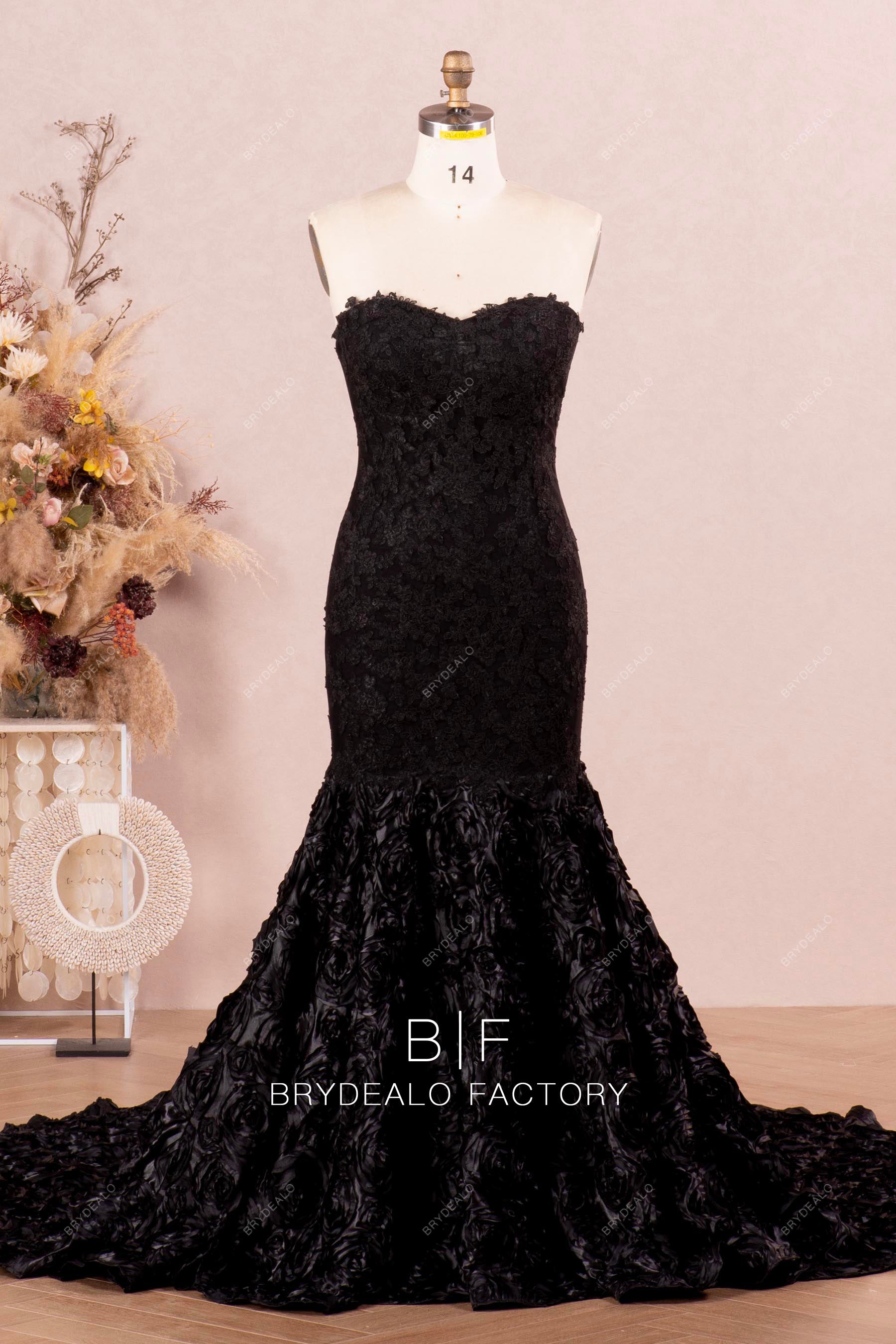 black strapless 3D roses mermaid prom dress