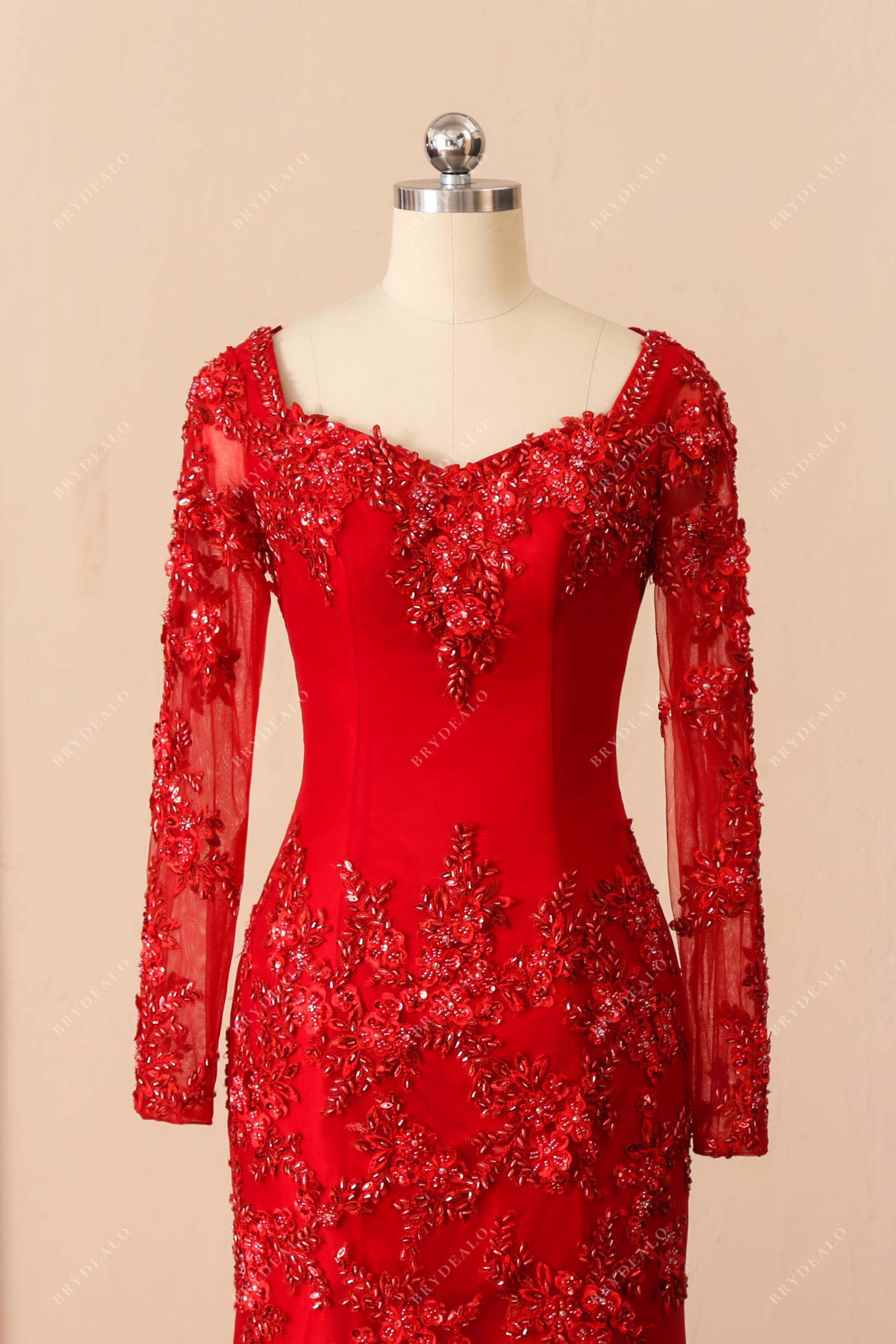 queen anne neck sheer sleeve prom dress