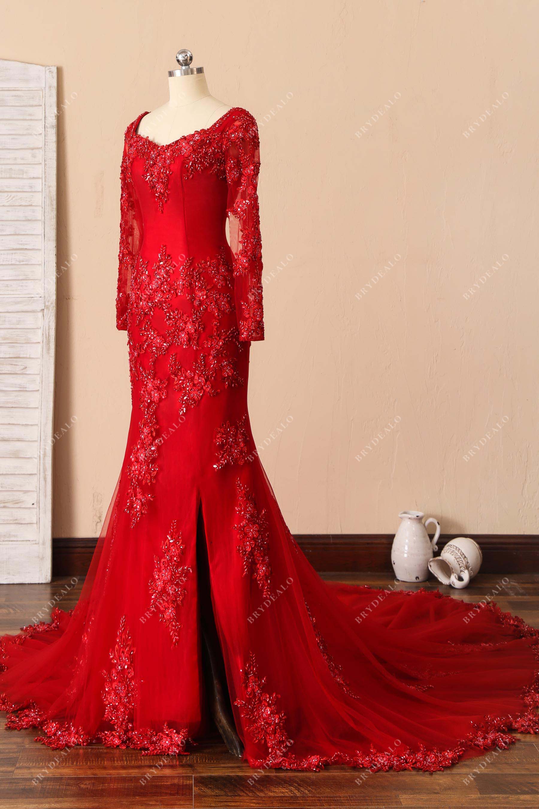 red lace beaded slit prom dress