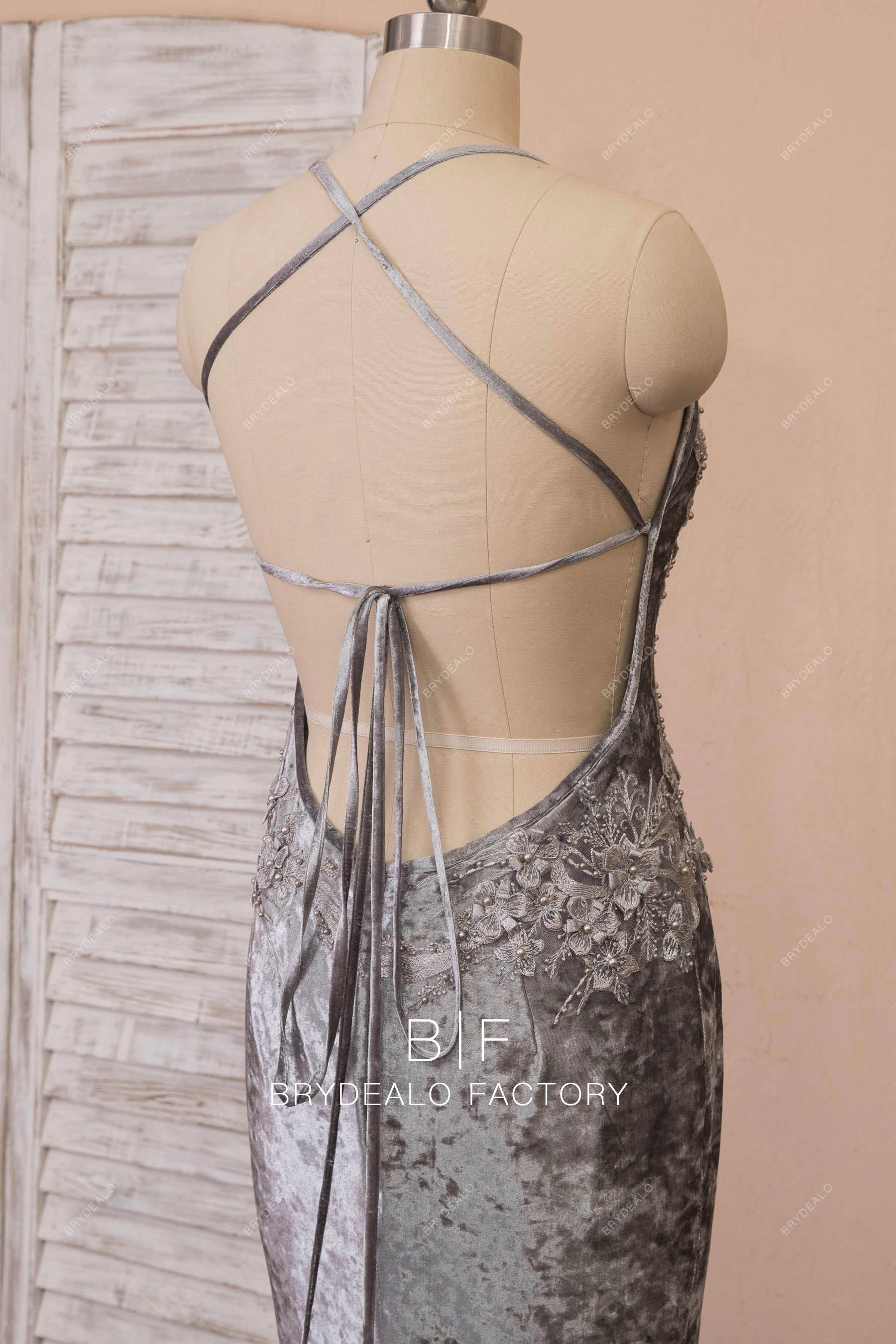 strappy open back velvet prom dress