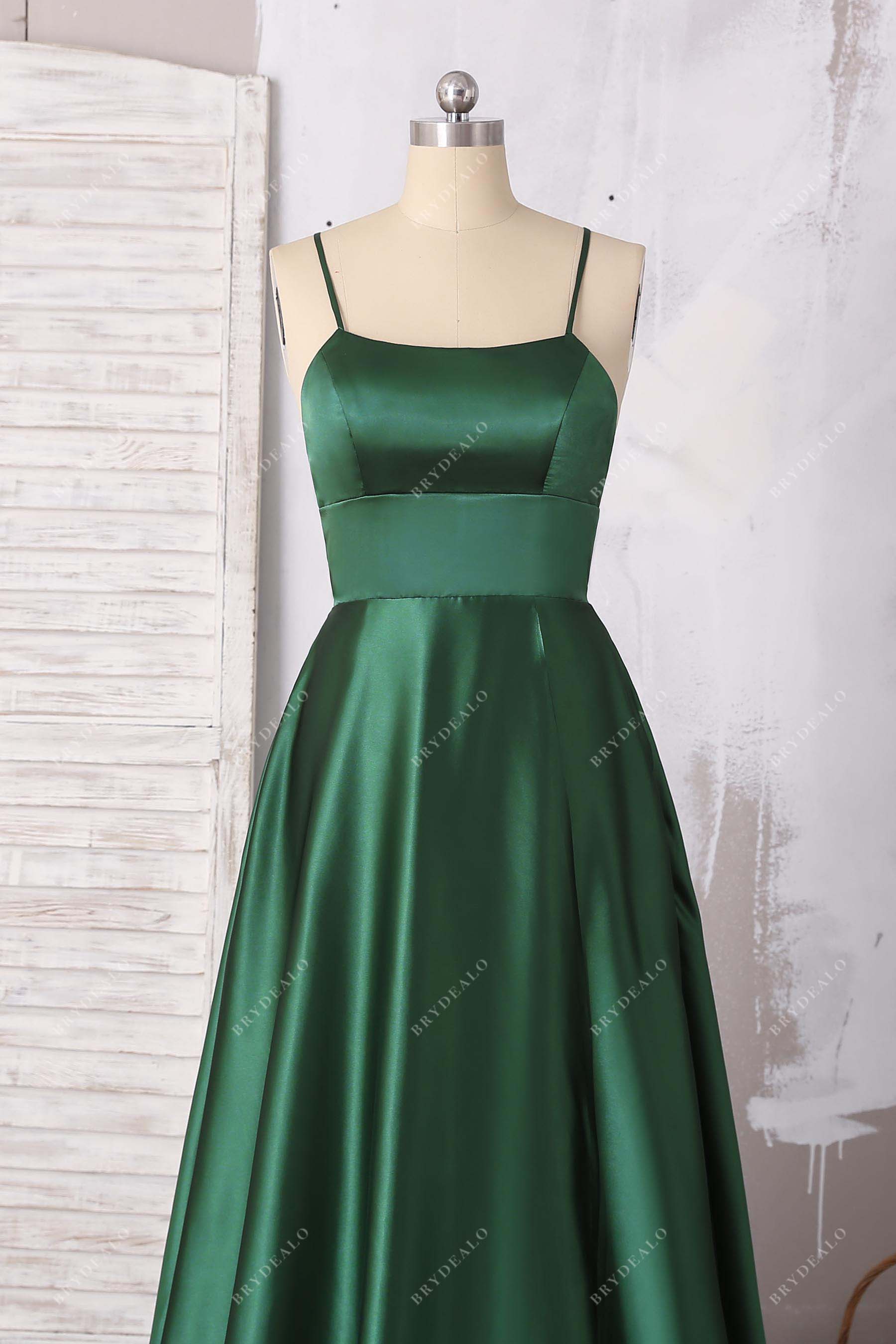 Emerald Green Strappy Back Sexy Slit A-line Satin Dress Brydealo Emerald Green Strappy Back Sexy Slit A-line Satin Dress Brydealo