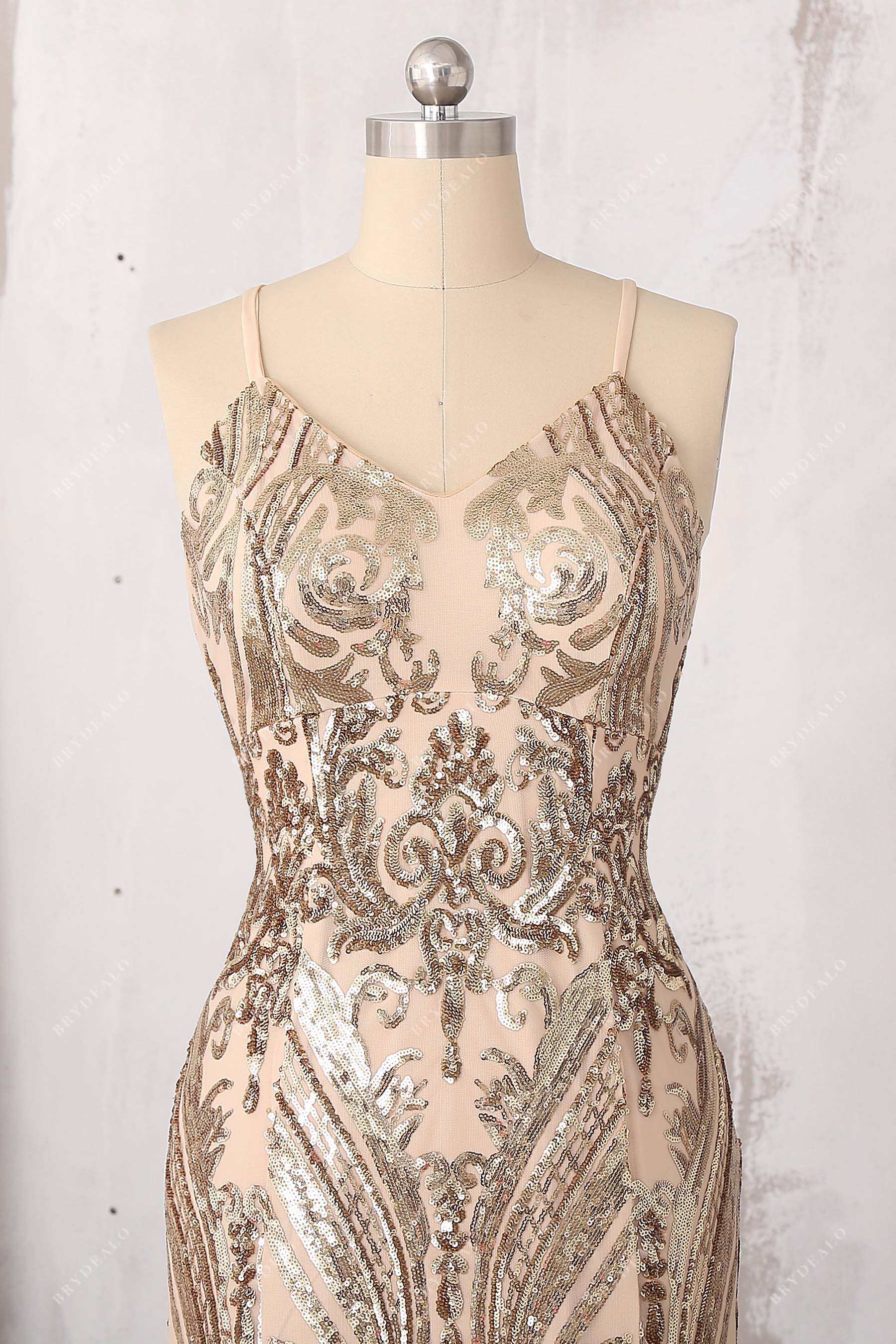 spaghetti straps V-neck gold formal gown