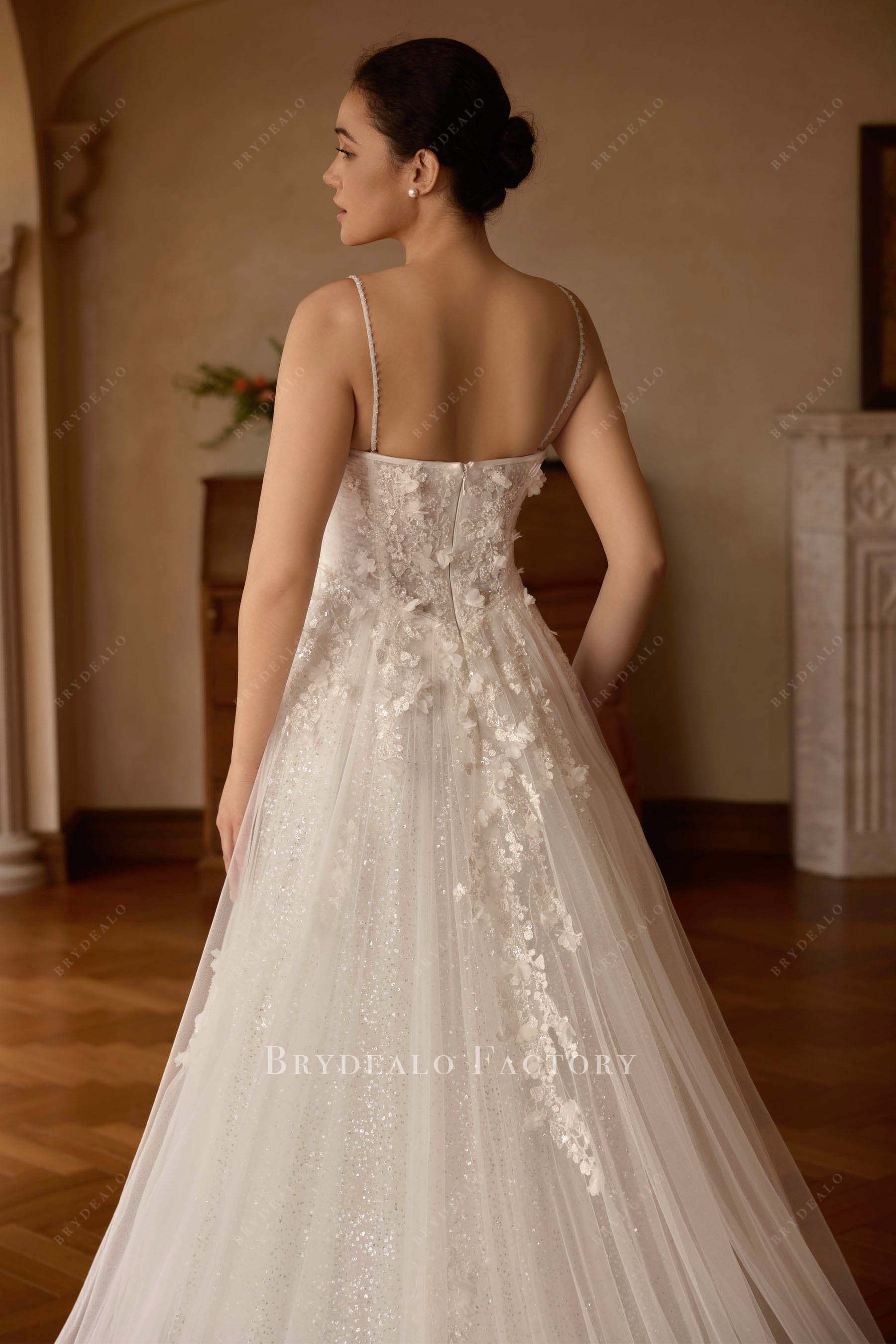 thin straps open back wedding dress
