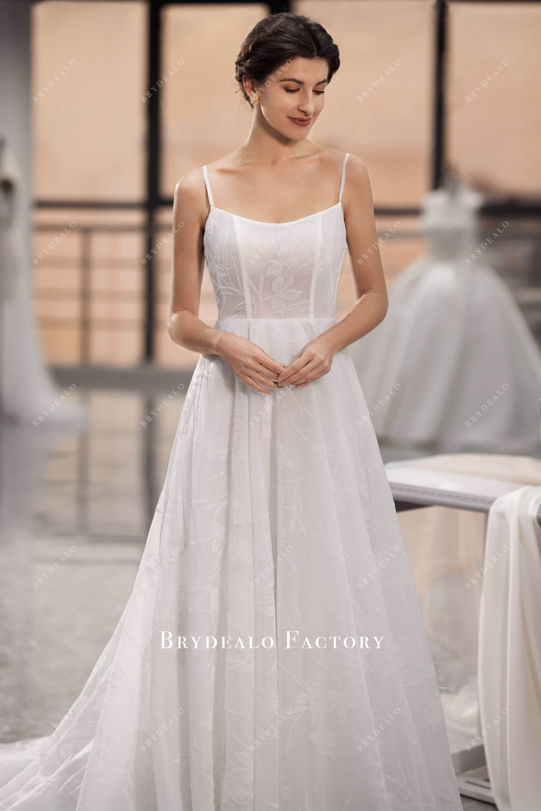 spaghetti straps floral organza scoop neckline wedding dress