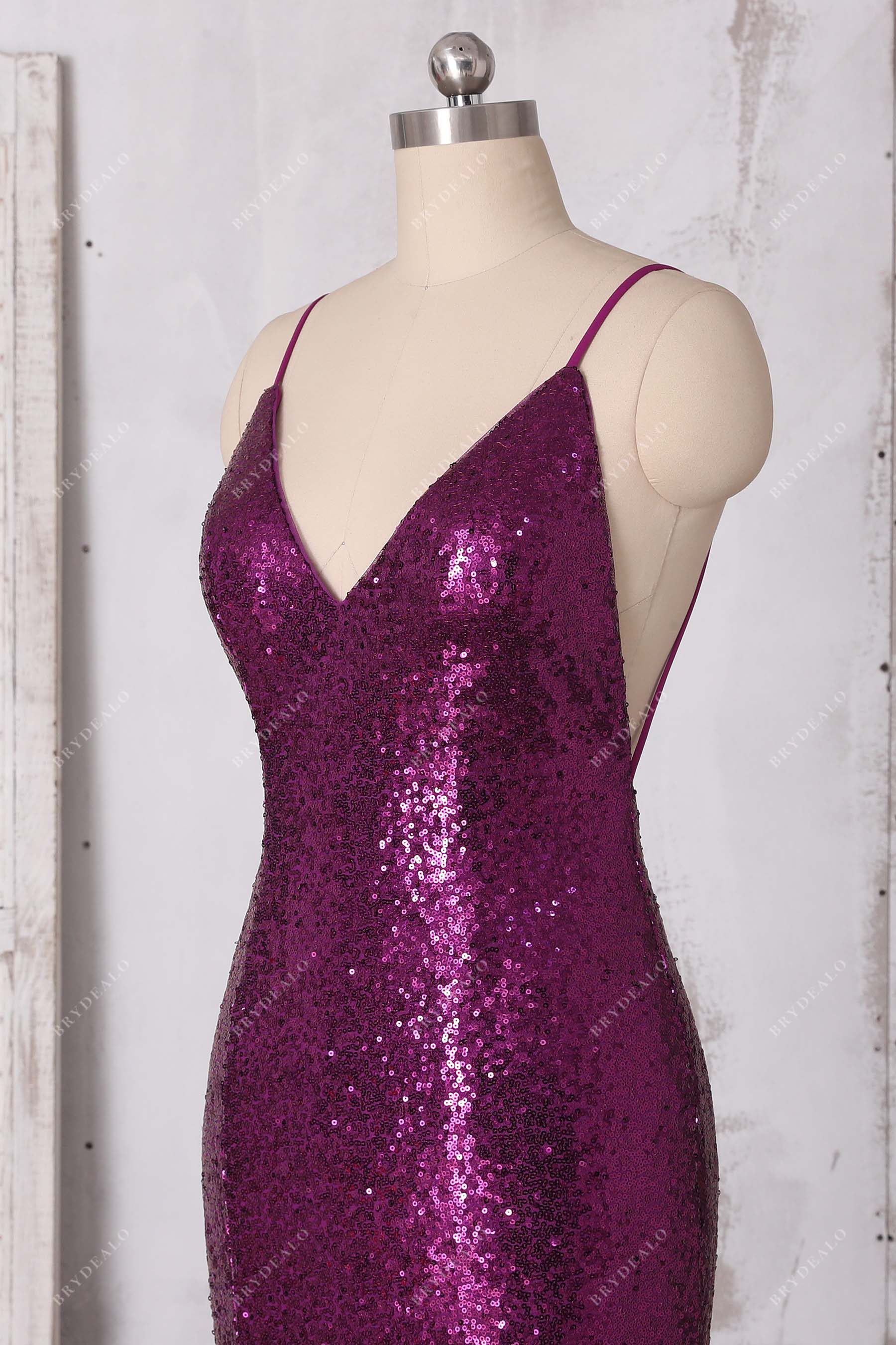 v neck sparkly sequin slit prom dress