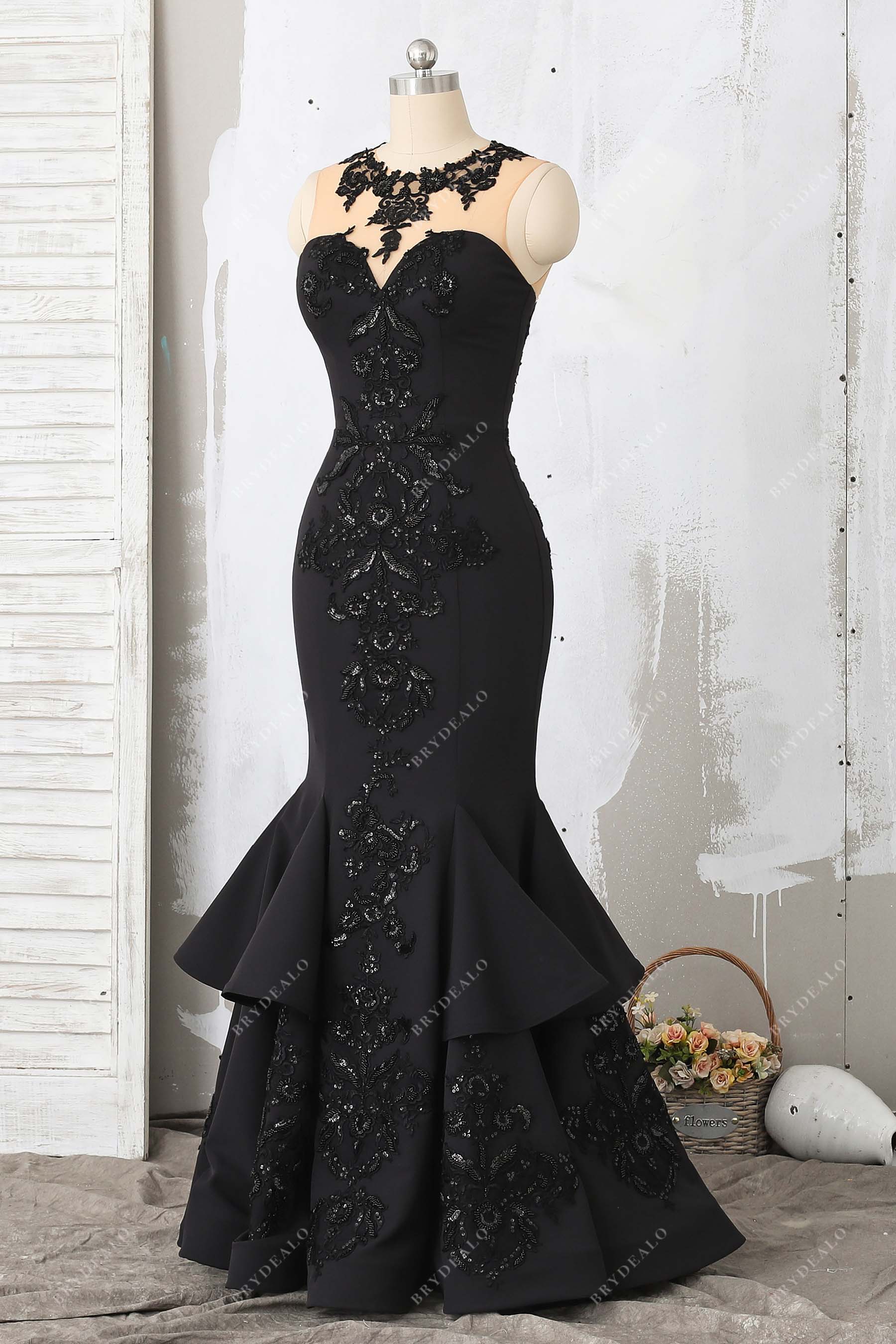 Black Satin Illusion Neck Prom Dress Brydealo Black Satin Illusion Neck Prom Dress Brydealo