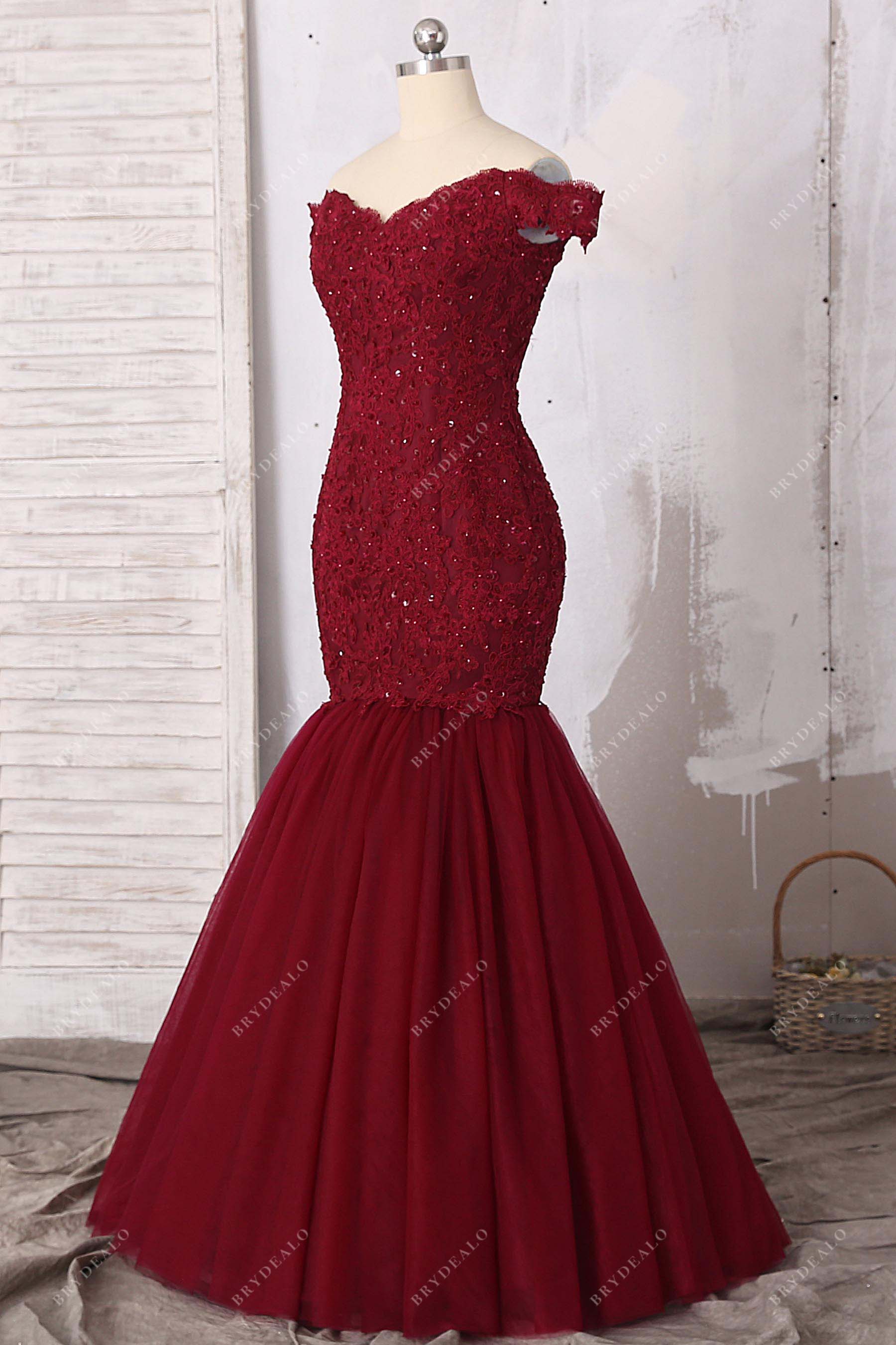 off shoulder lace sequin tulle trumpet prom dress