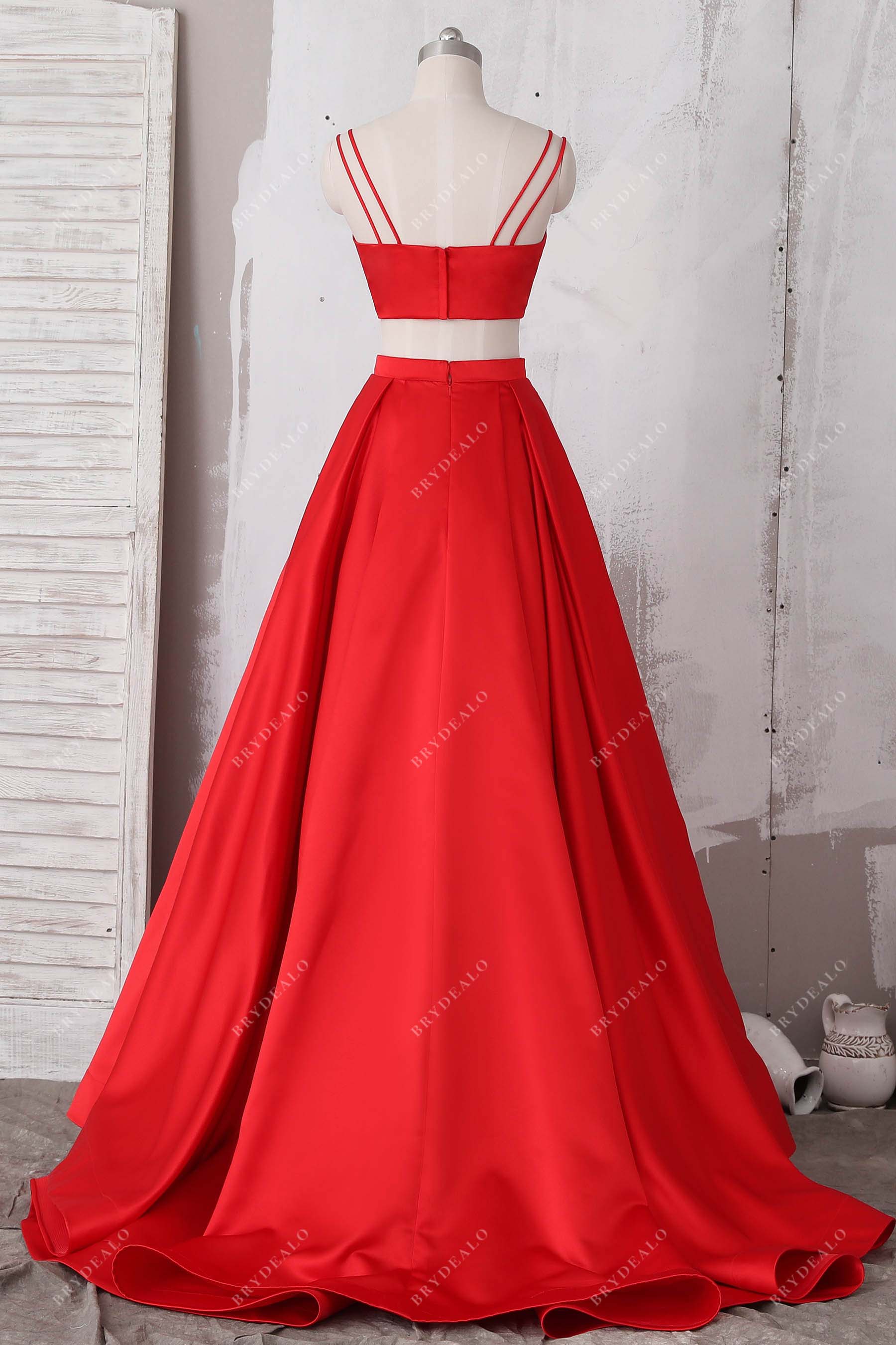 double thin straps red satin formal dress