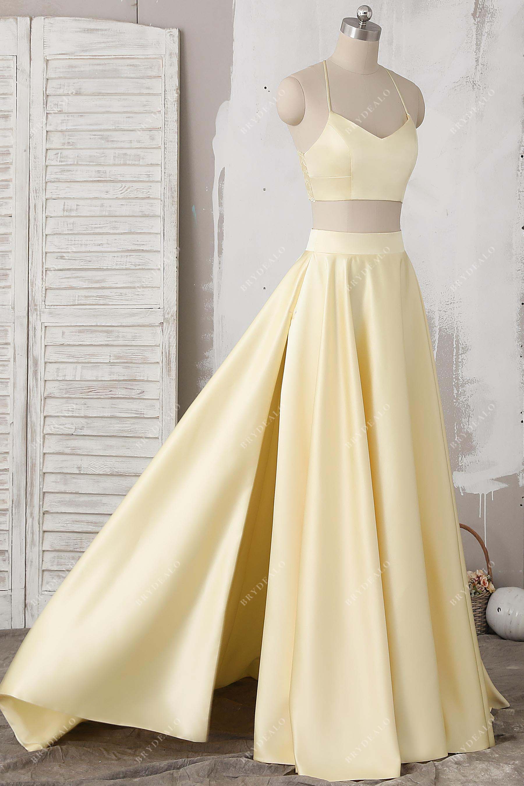 Two-Piece Yellow Slit A-line Prom Dress