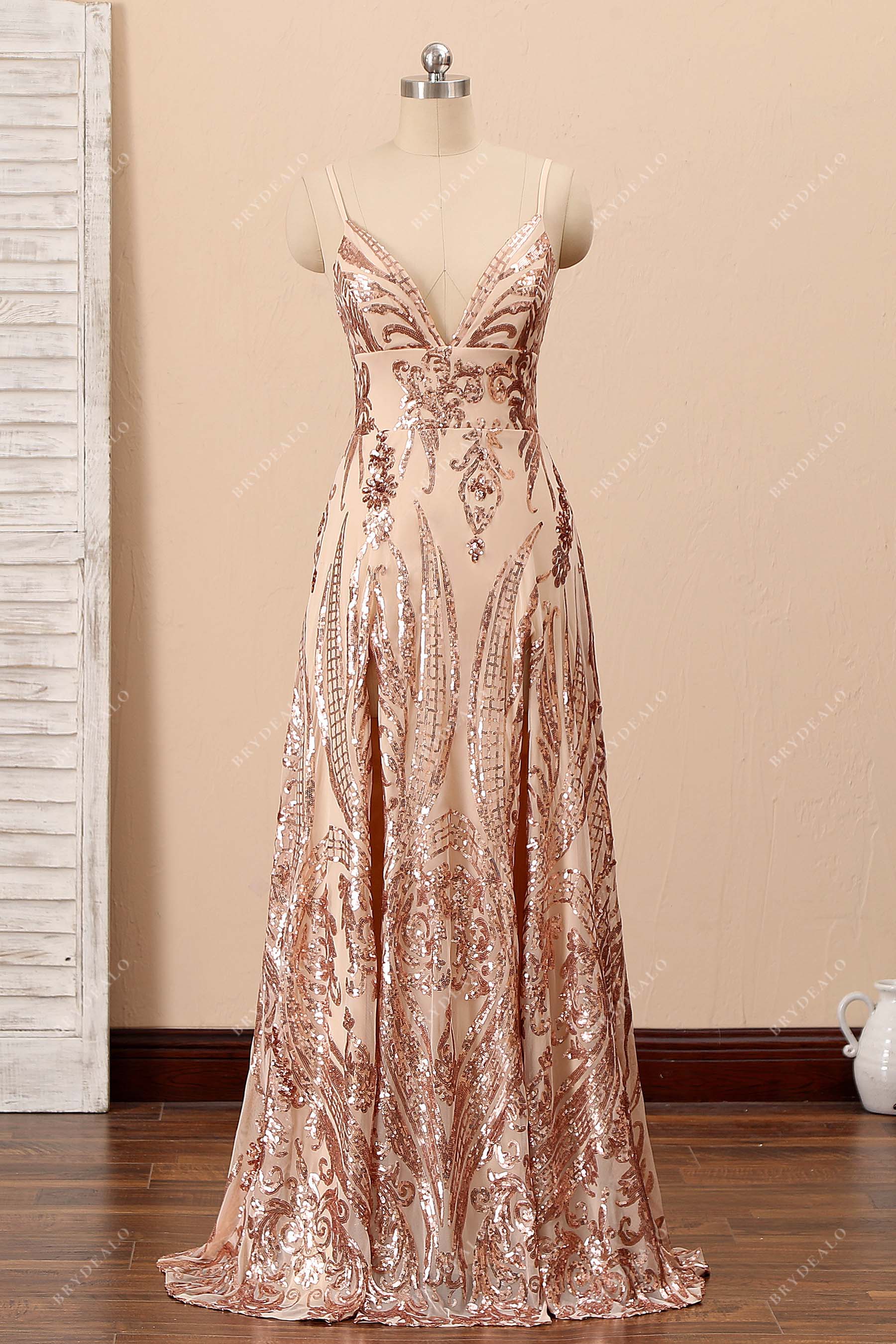 champagne sequin v-neck sleeveless prom dress