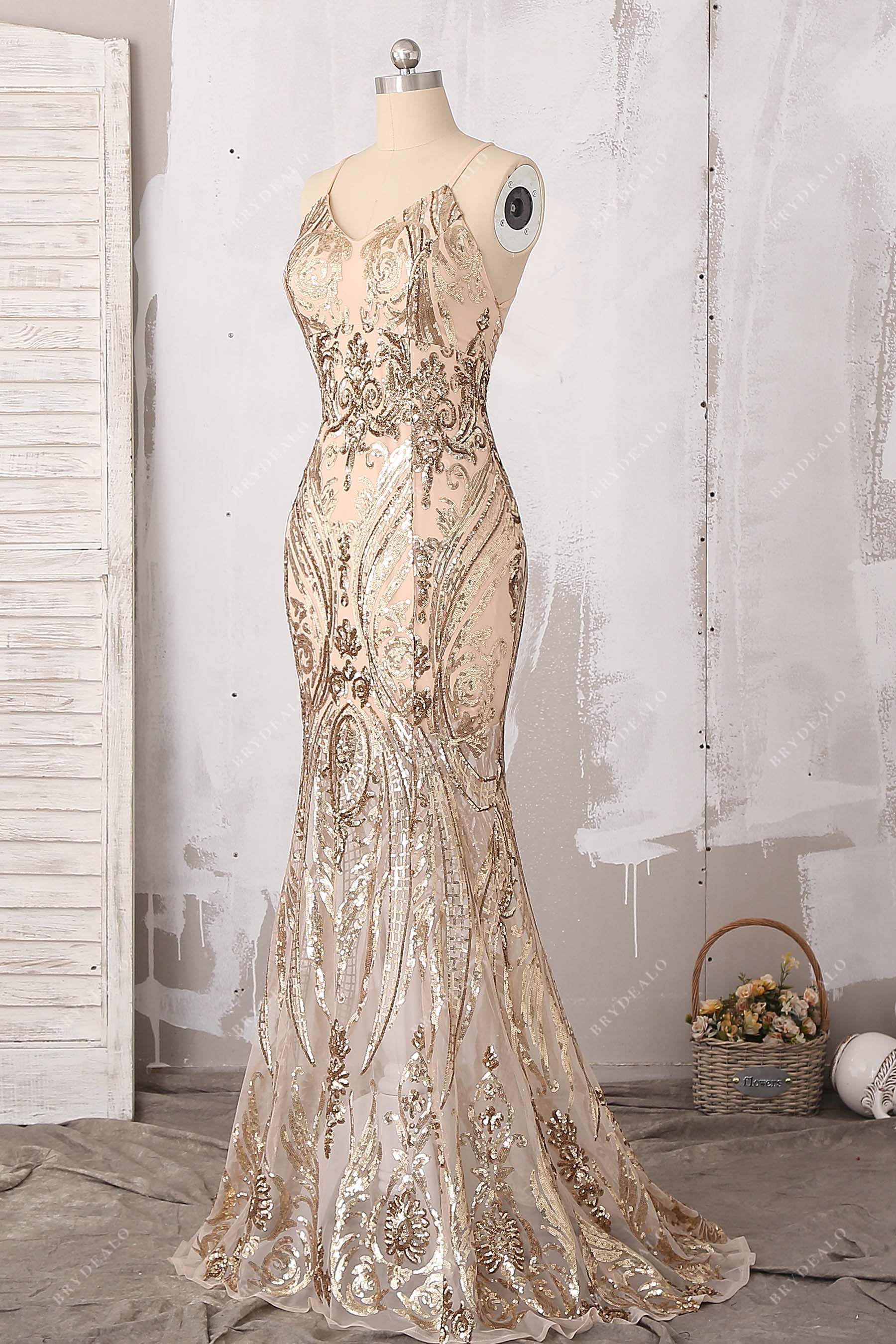 Sleeveless Gold Sequin Mermaid Prom Dress