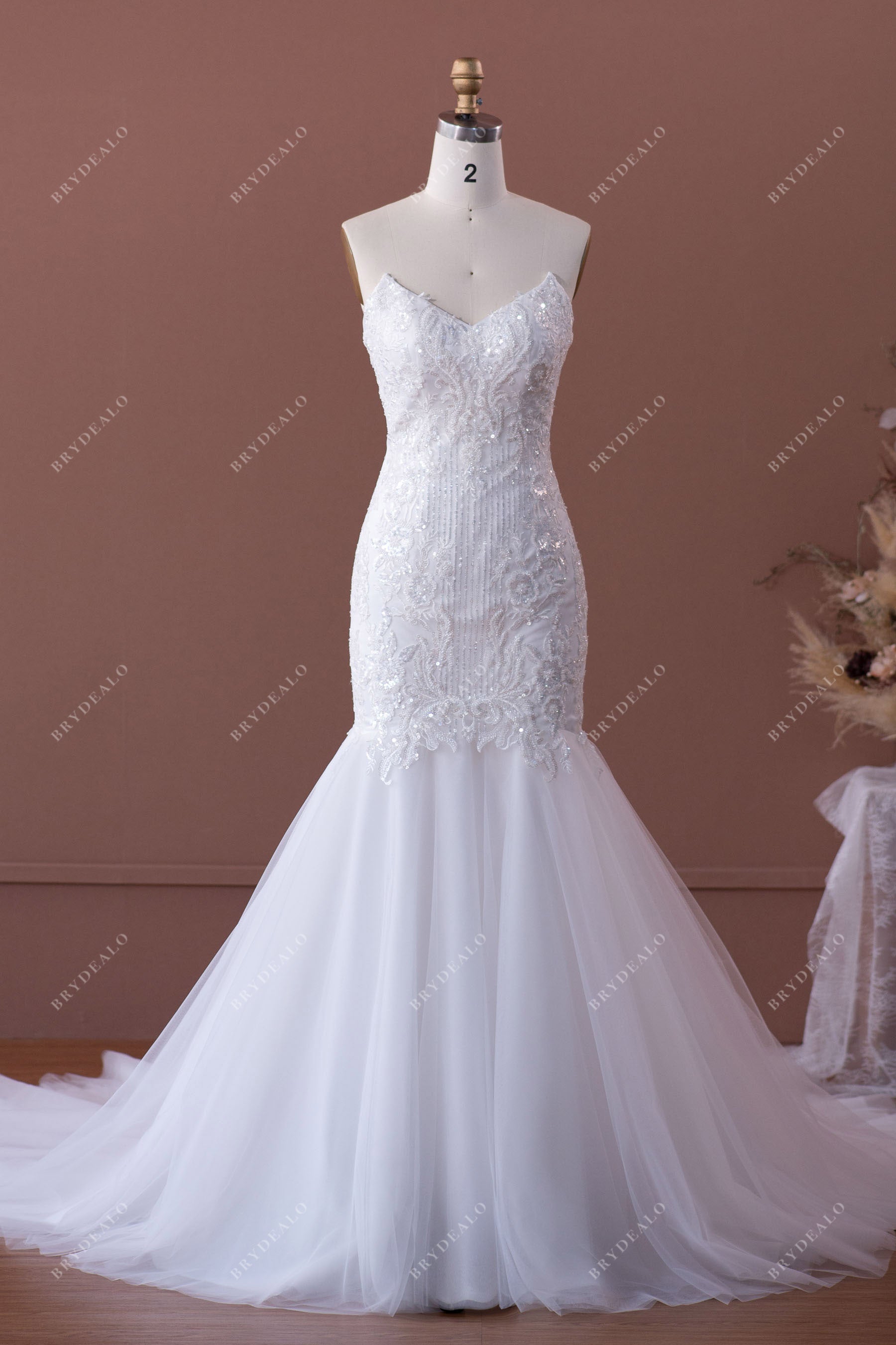shimmery strapless lace mermaid wedding dress