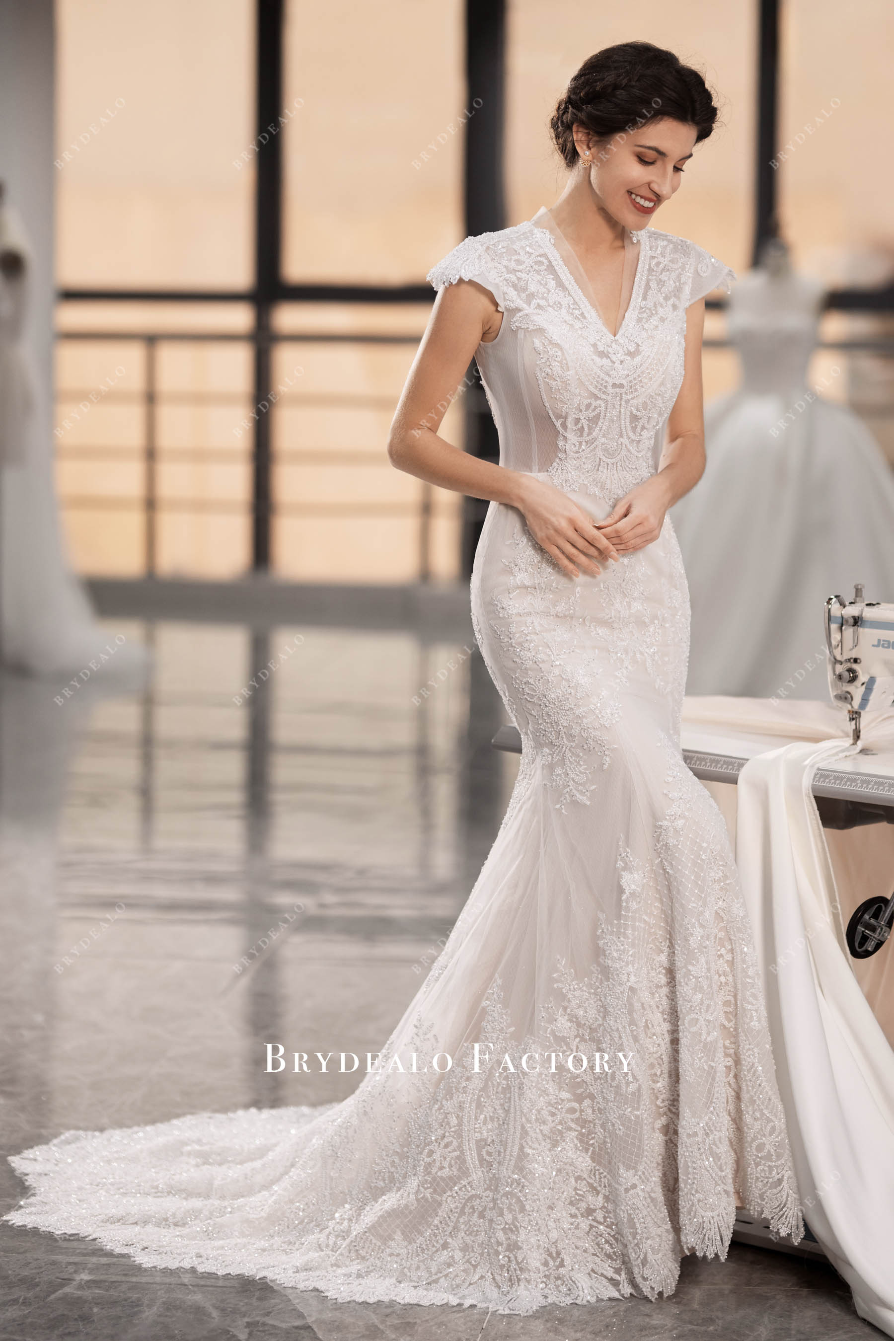 V-neck cap sleeves beaded lace mermaid wedding gown