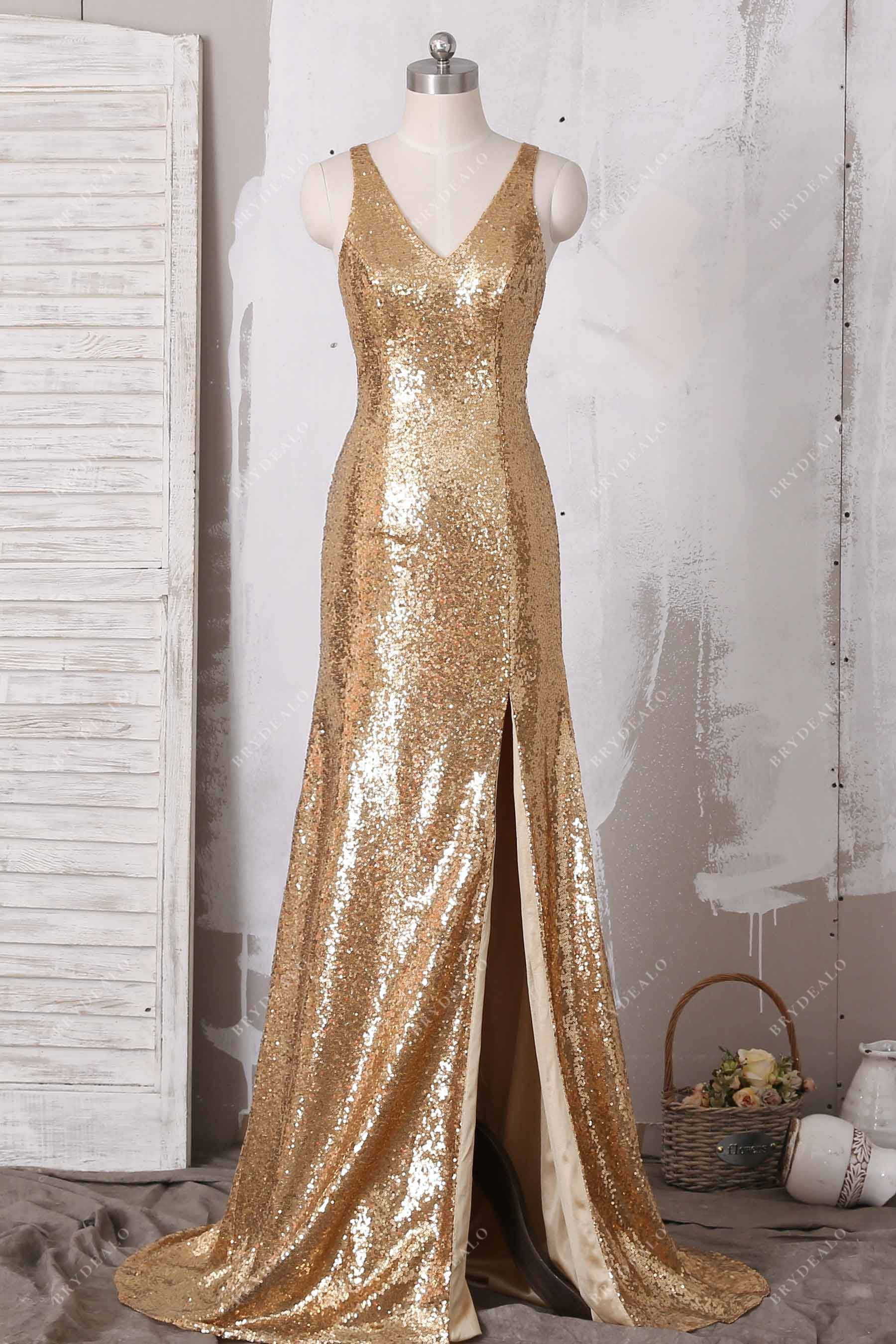 V-neck gold sequin slit mermaid prom dress