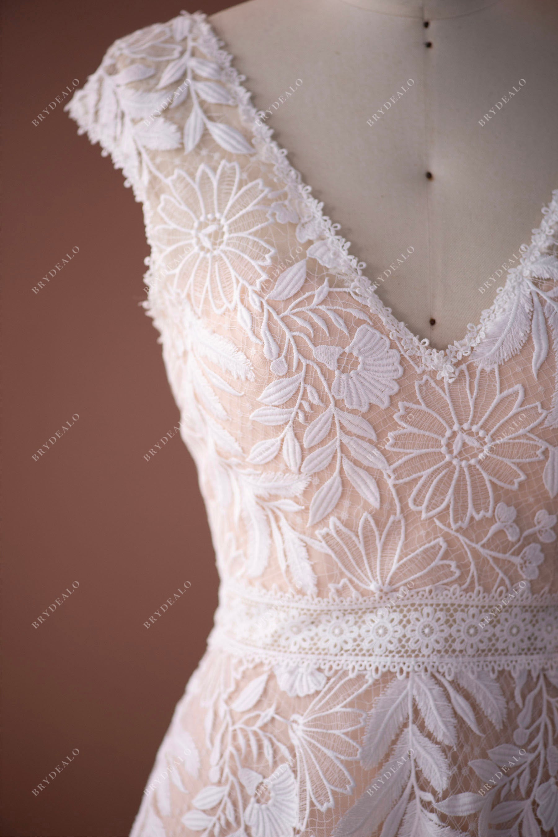 v neck cap sleeves lace wedding dress