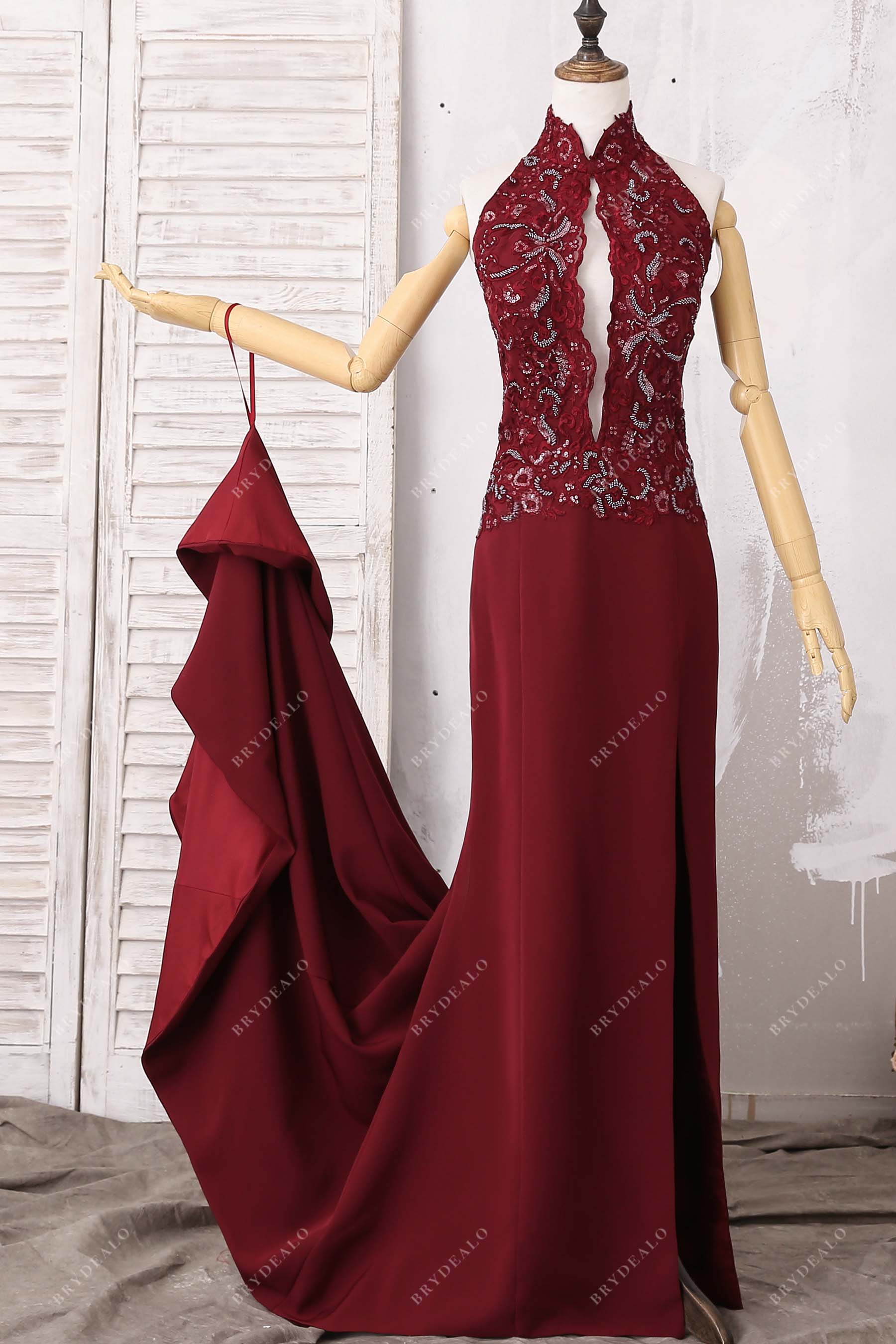 burgundy lace sequin slit prom dress