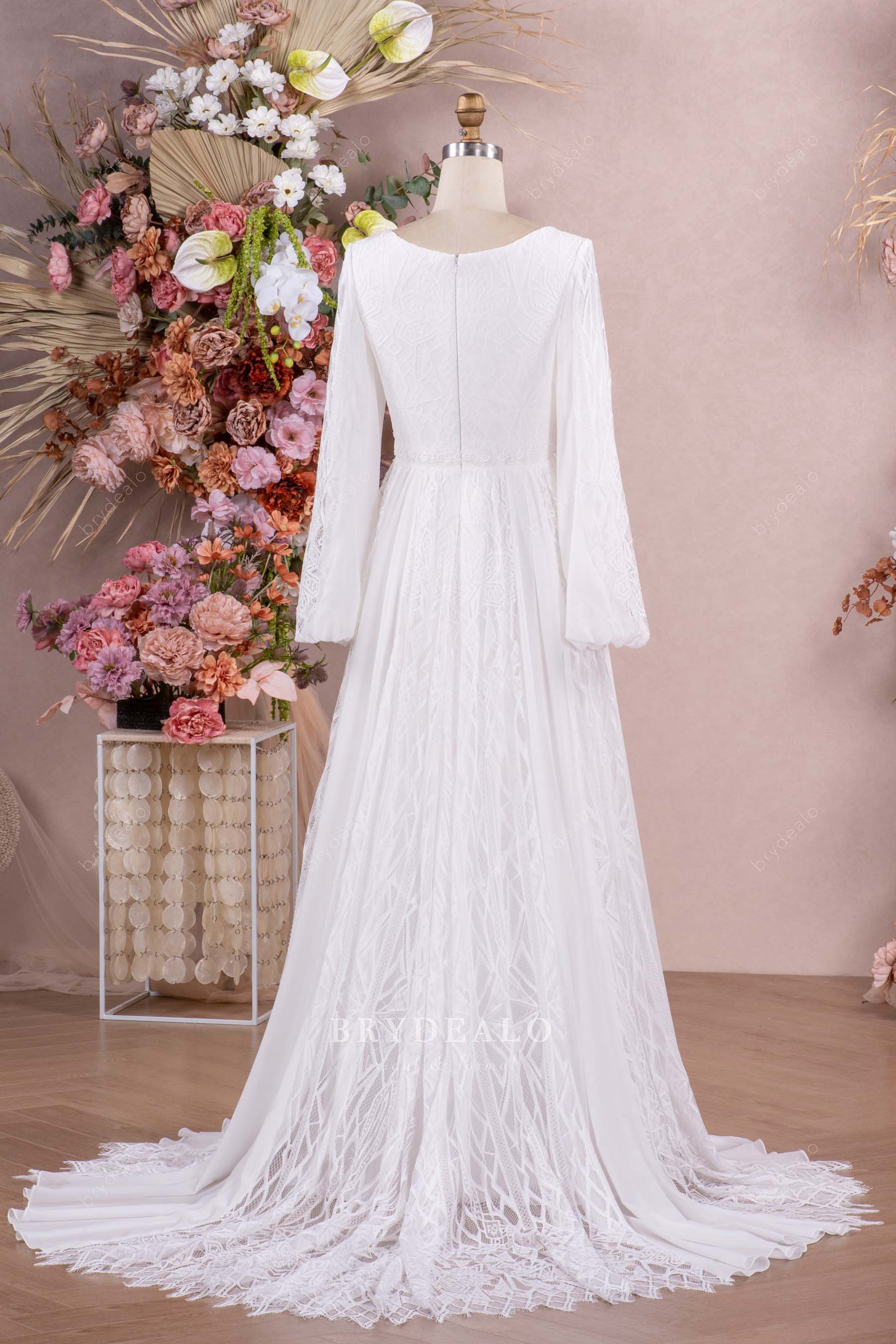 white lace a line boho court train wedding dress