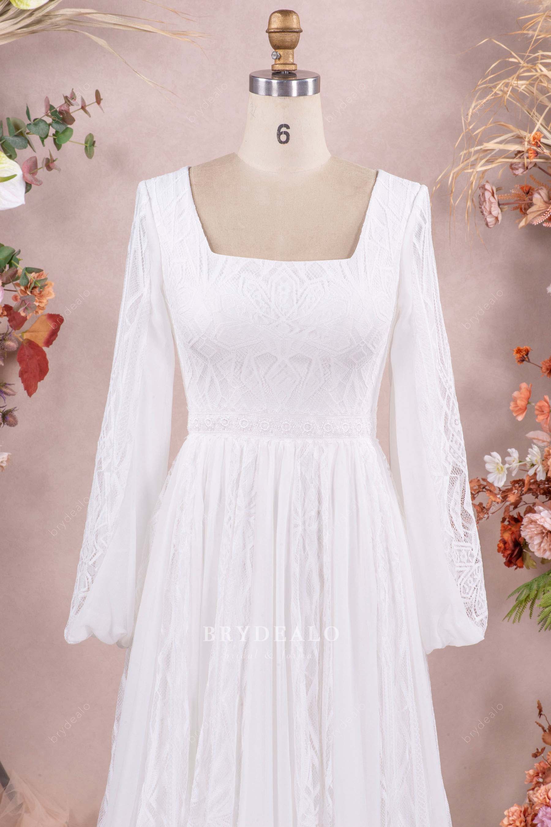 white lace square neck boho wedding dress