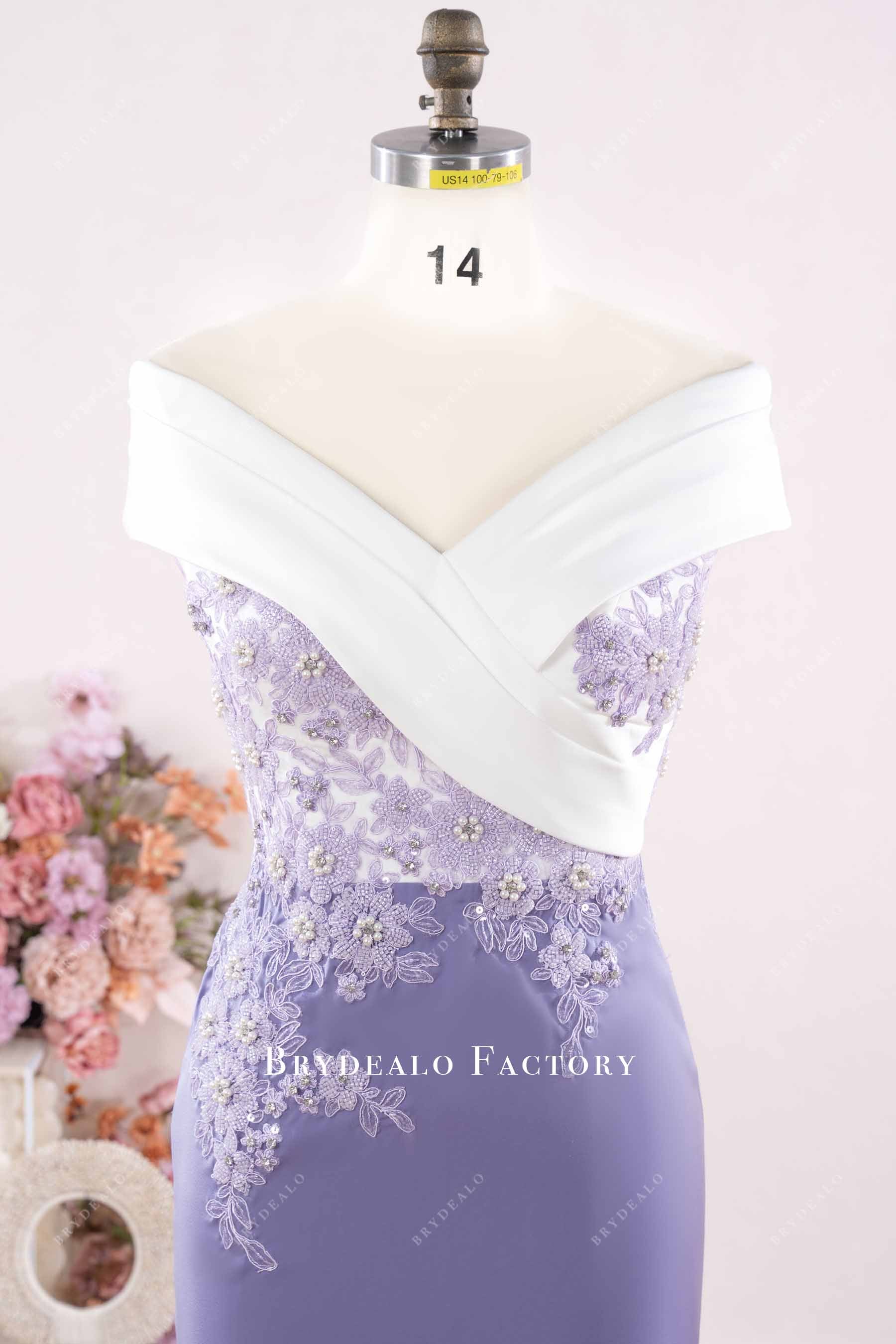 white off-shoulder mother of bride dress