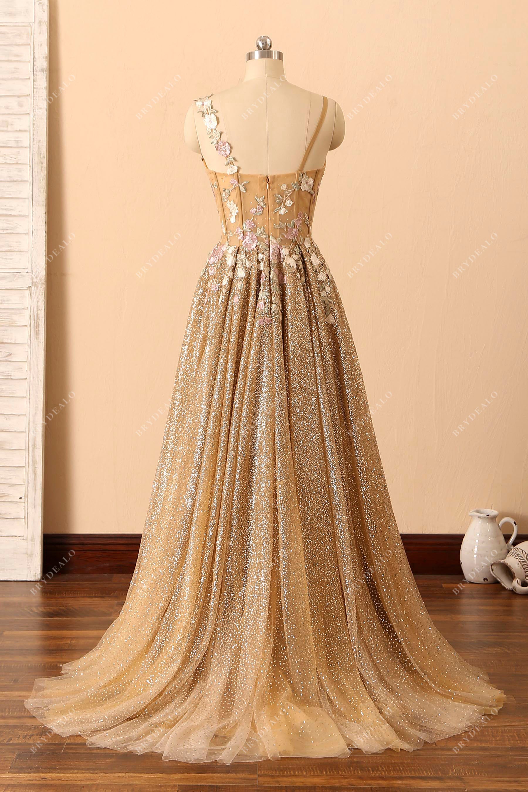 open back flower lace applique prom dress