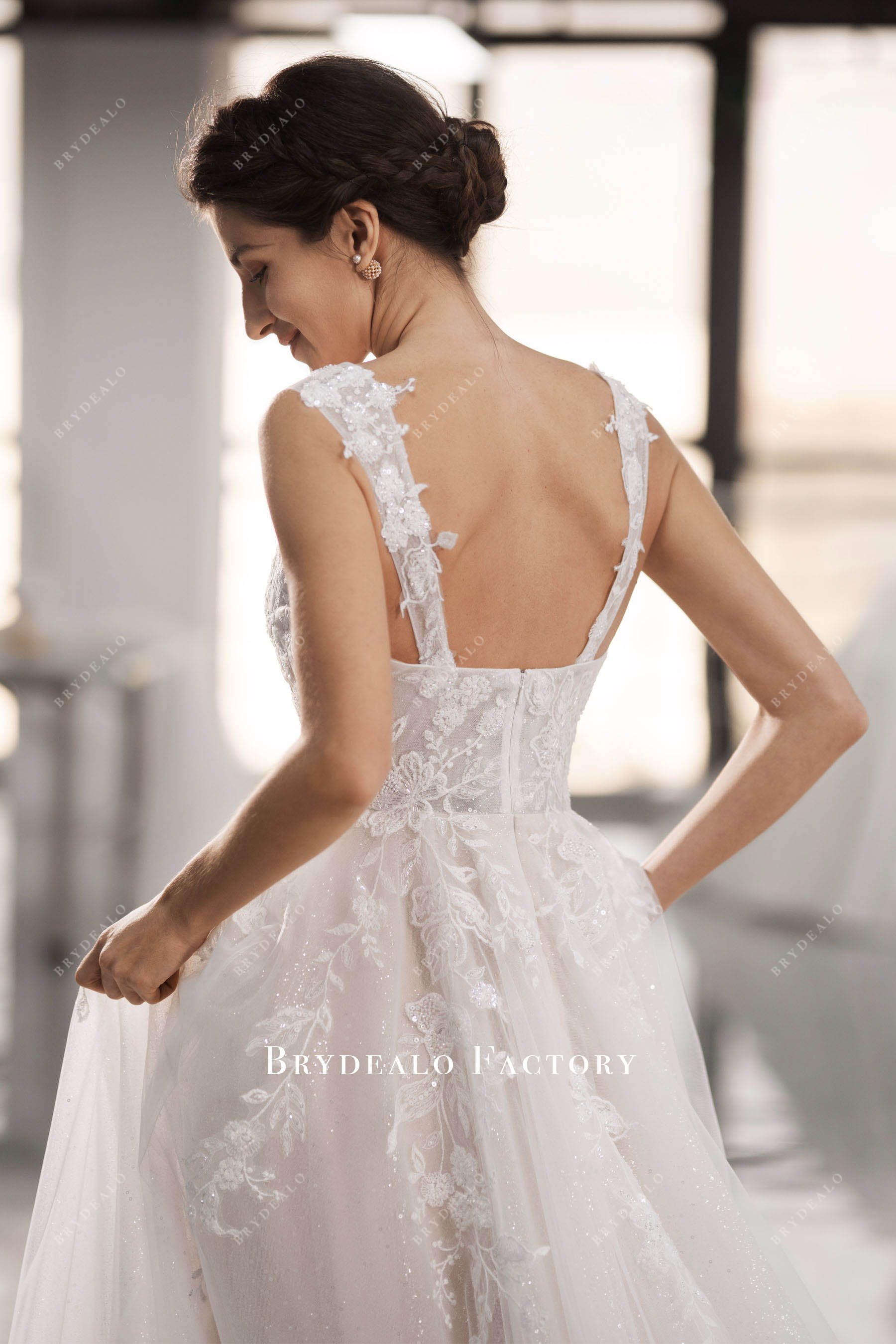 wide straps lace wedding dress