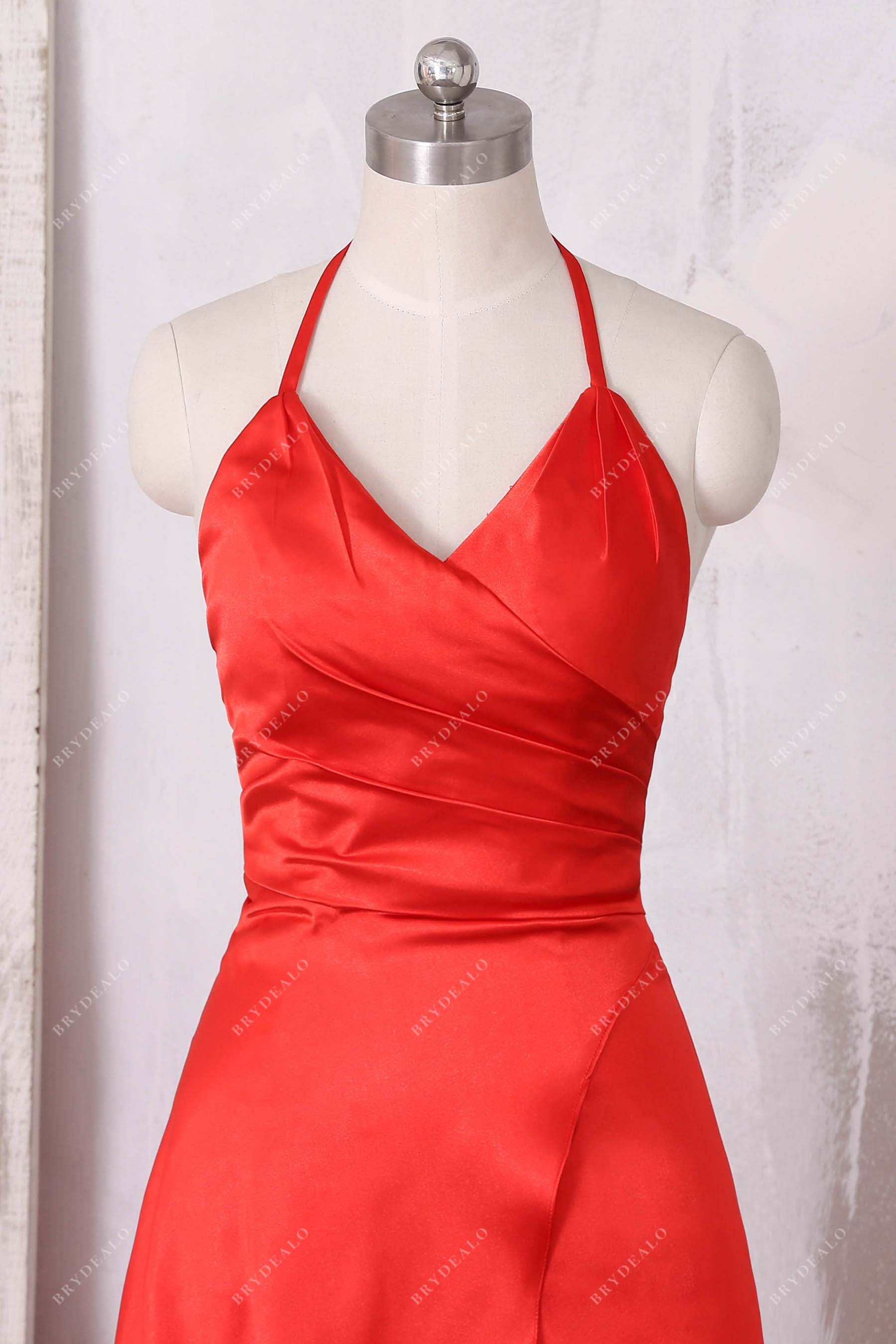 halter v neck red satin prom dress