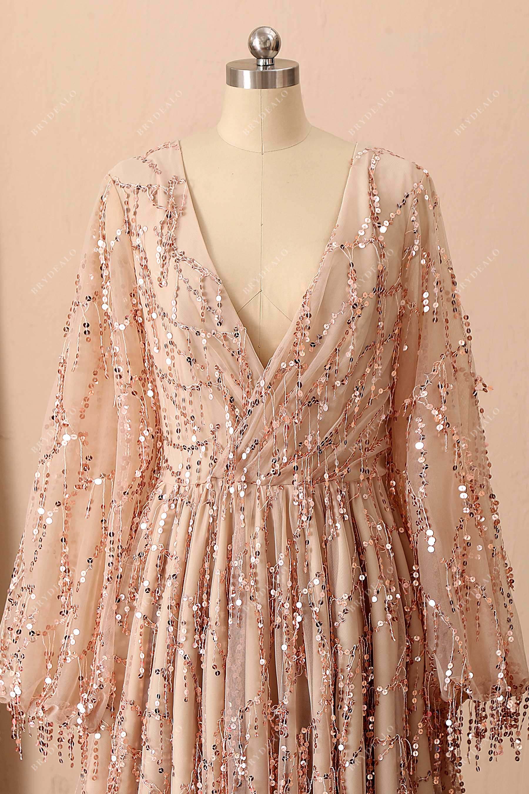 wrapped v-neck sheer sleeves evening dress