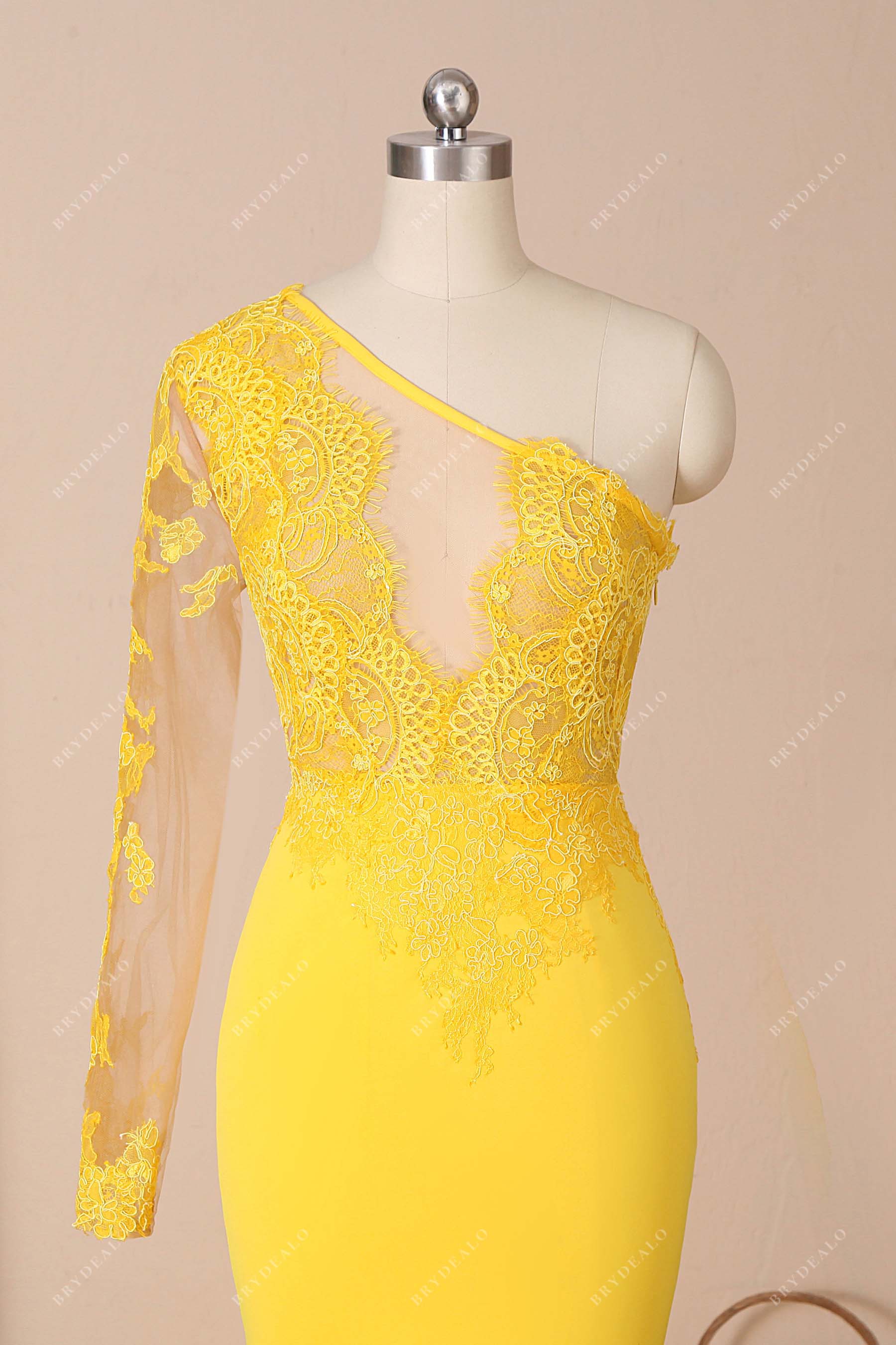 yellow lace illusion neck prom gown