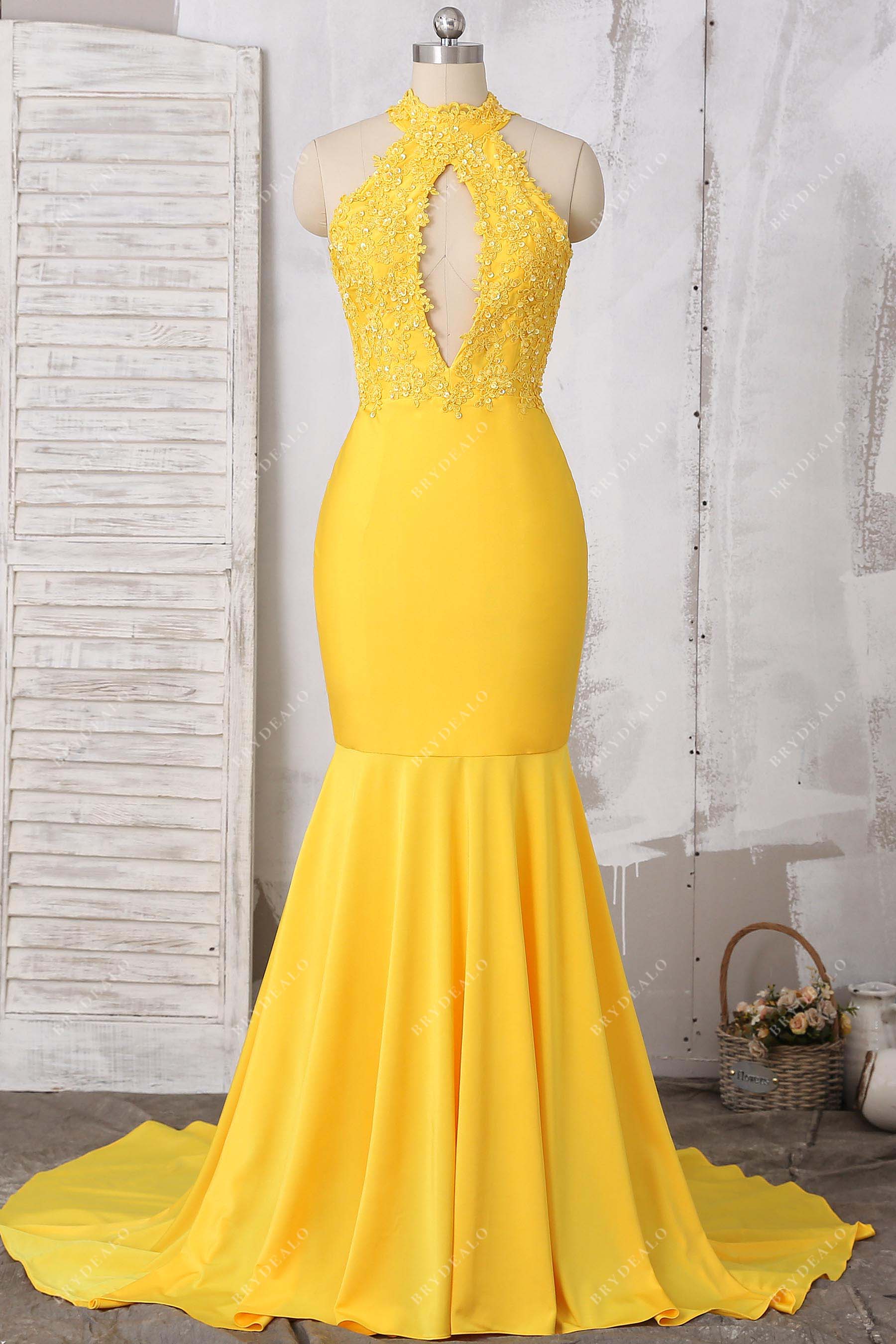 yellow lace jersey mermaid prom dress