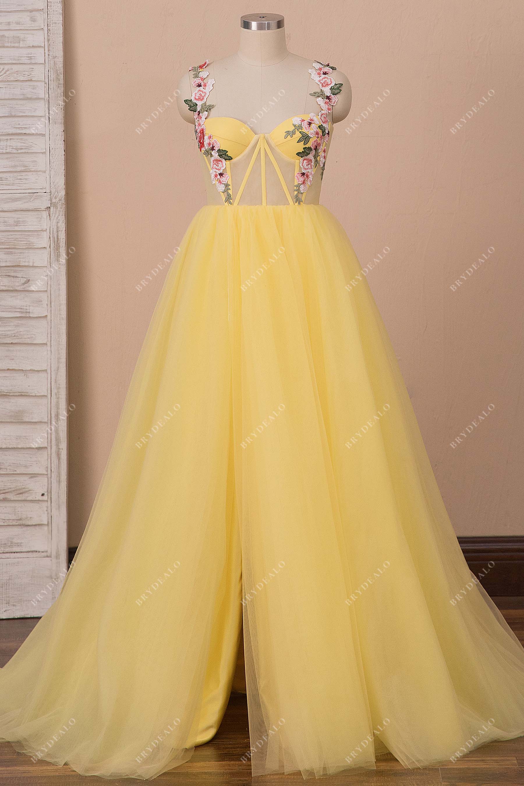 embroidery yellow corset prom dress