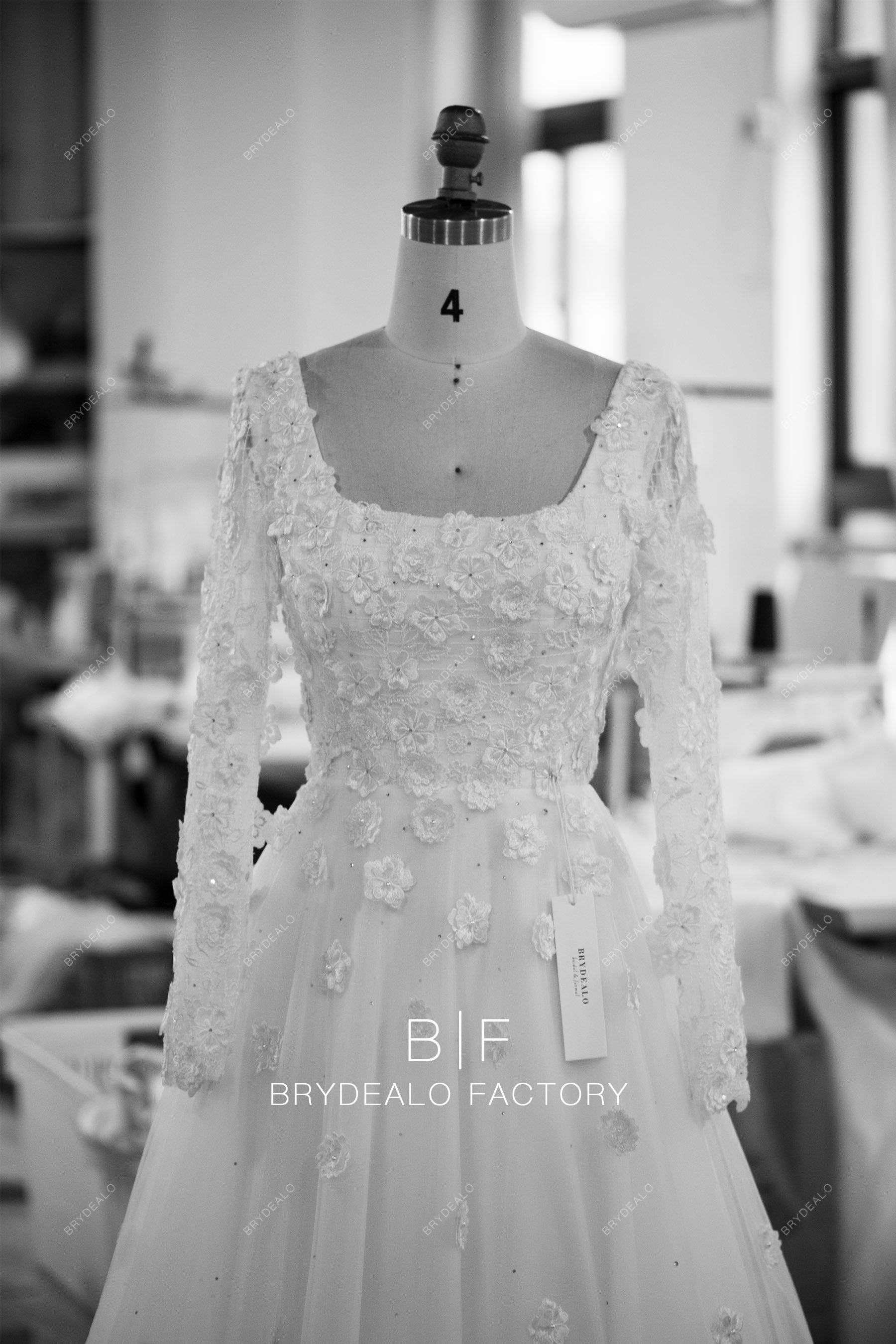custom 3D flower long sleeved wedding dress