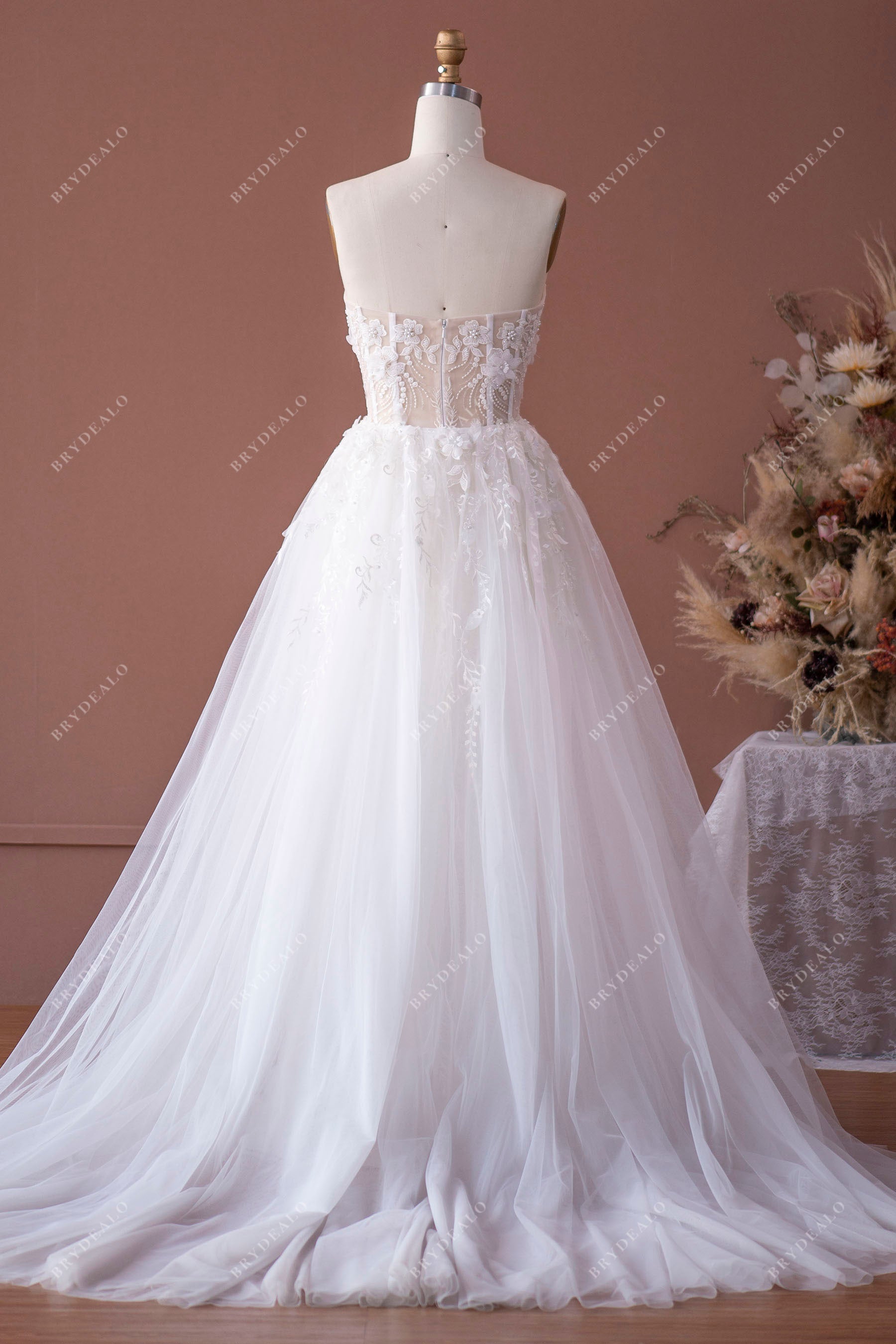 Chapel Train Overskirt Open Back Bridal Gown