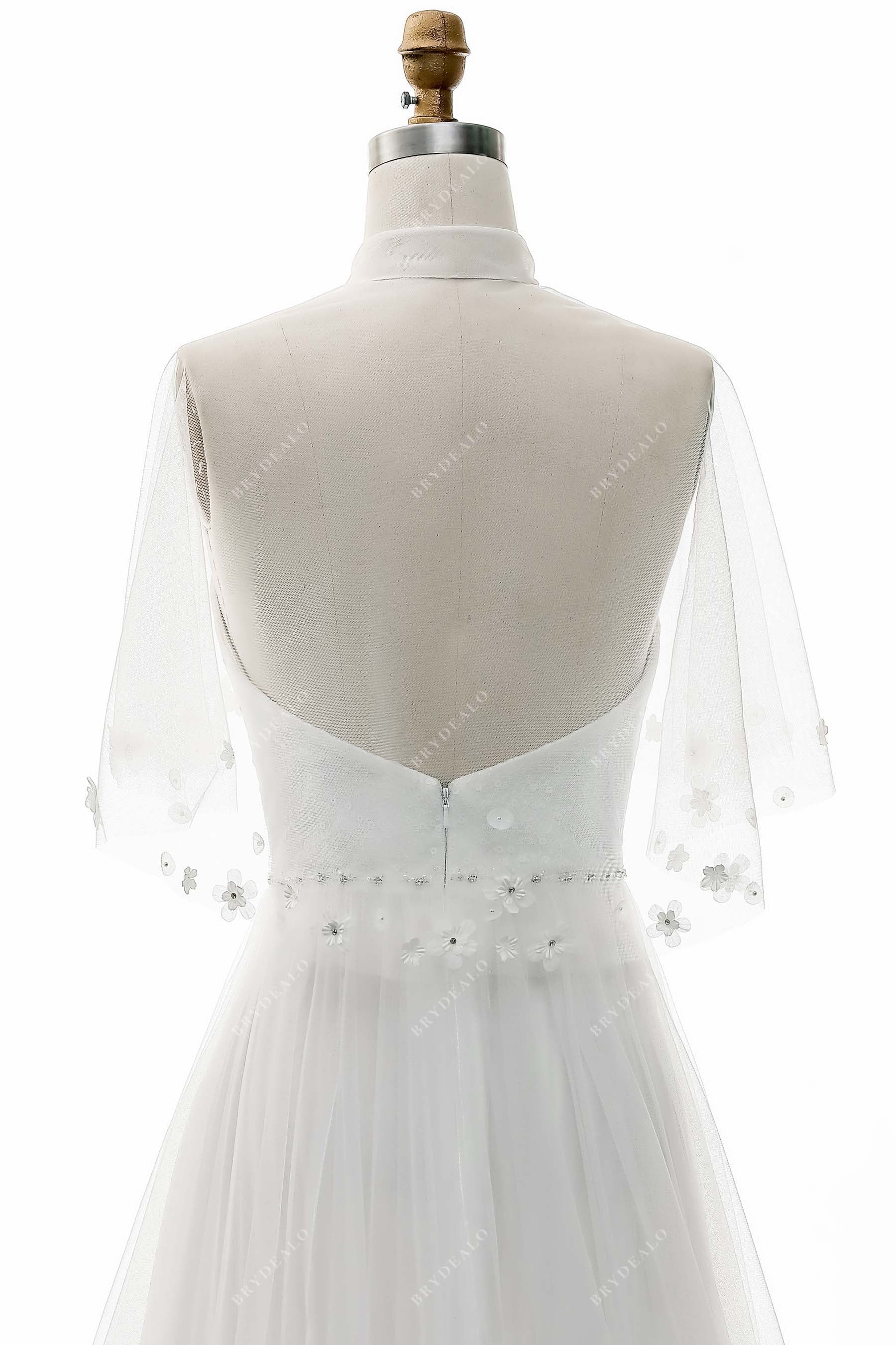 designer 3D-petals scattered high neck bridal cape dress
