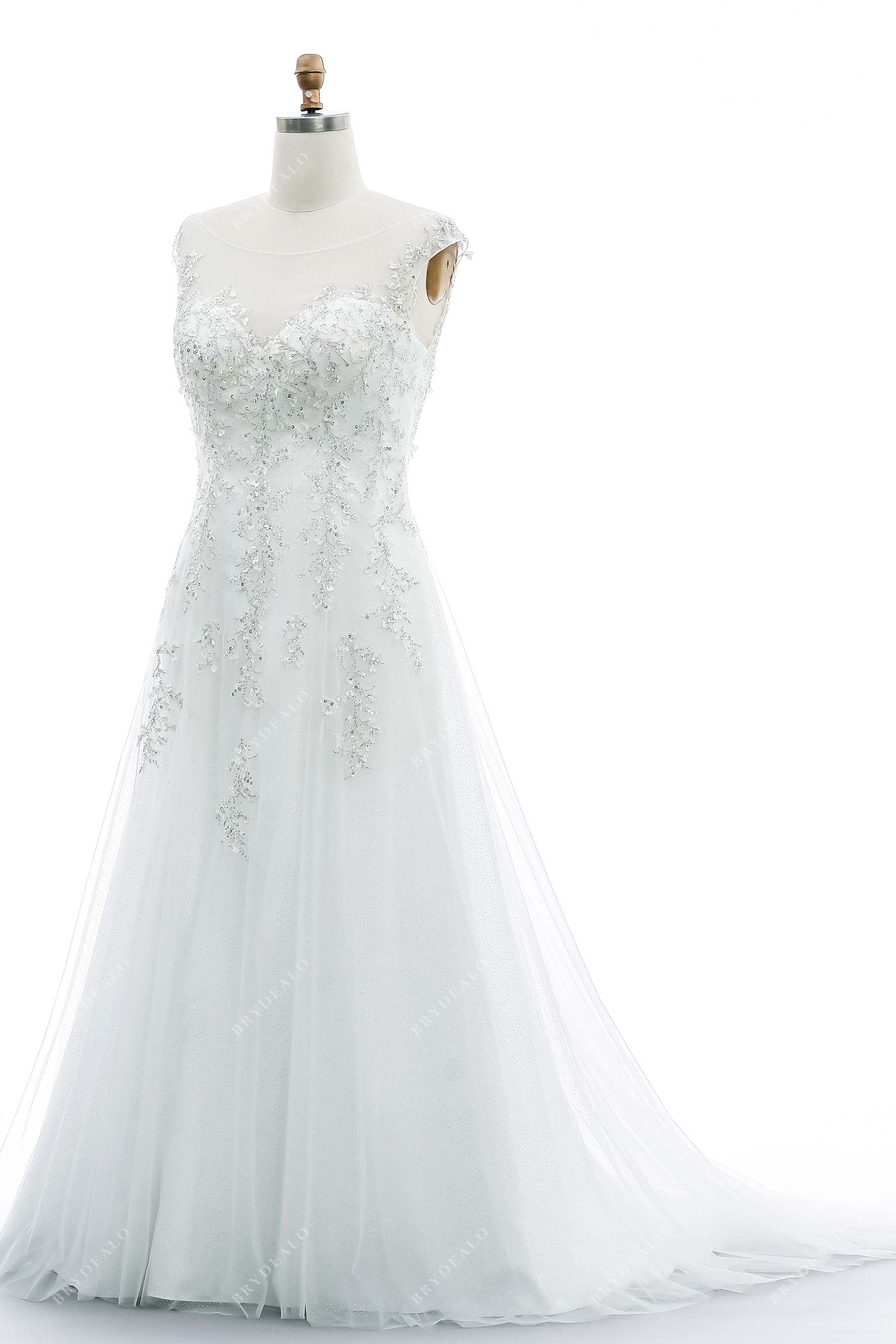 sheer cap sleeves elegant A-line bridal gown