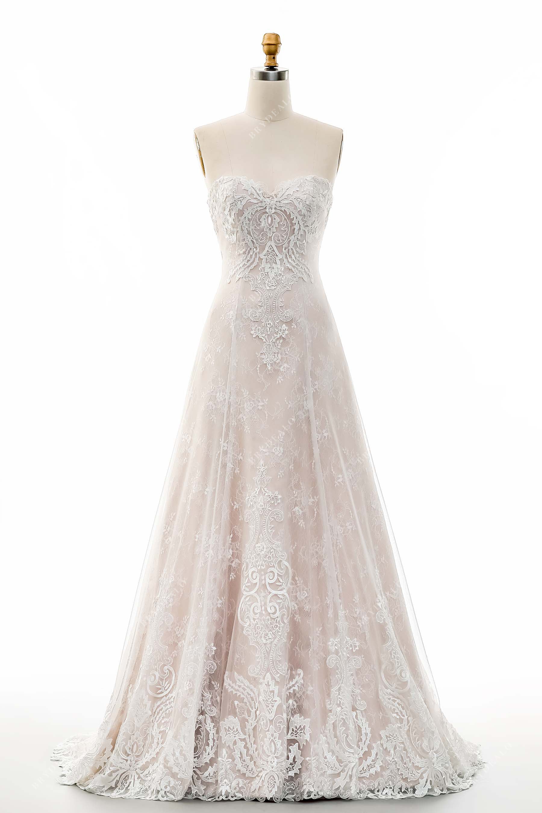 vintage A-line lace appliques overlaid nude bridal dress