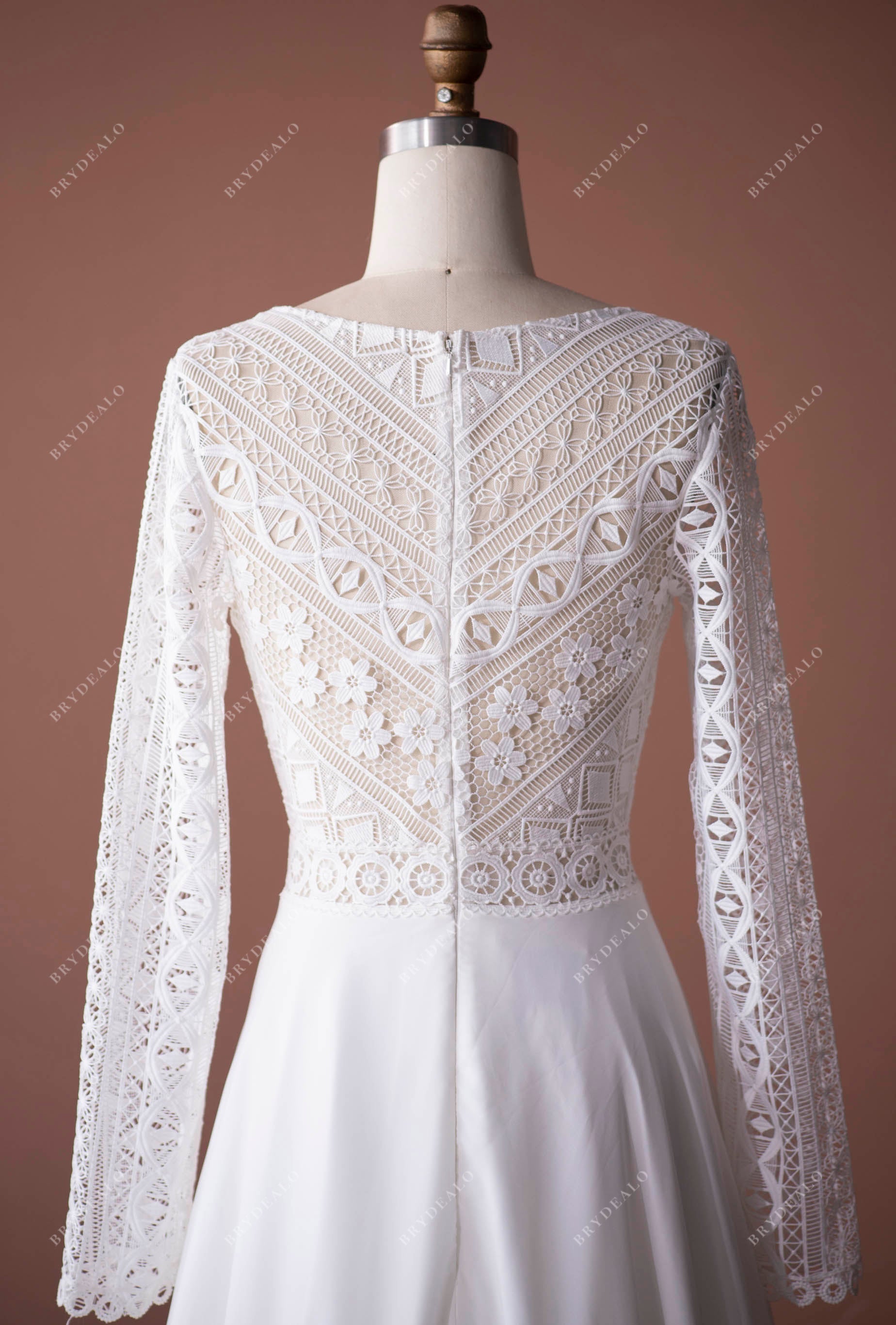 Sleek A-Line Wedding Dress: Geometric Lace, Illusion Sleeves Brydealo Sleek A-Line Wedding Dress: Geometric Lace, Illusion Sleeves Brydealo