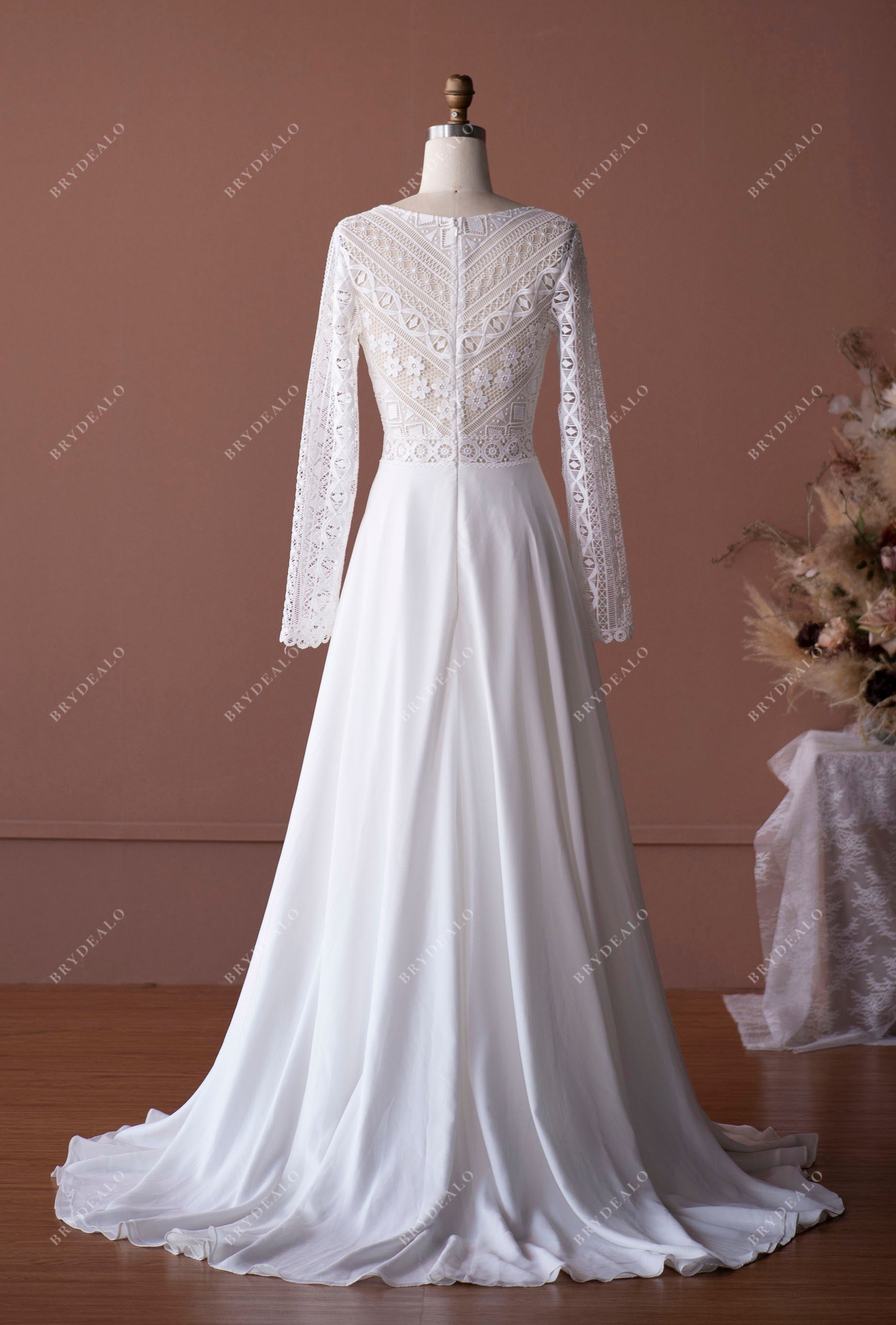 Sleek A-Line Wedding Dress: Geometric Lace, Illusion Sleeves Brydealo Sleek A-Line Wedding Dress: Geometric Lace, Illusion Sleeves Brydealo