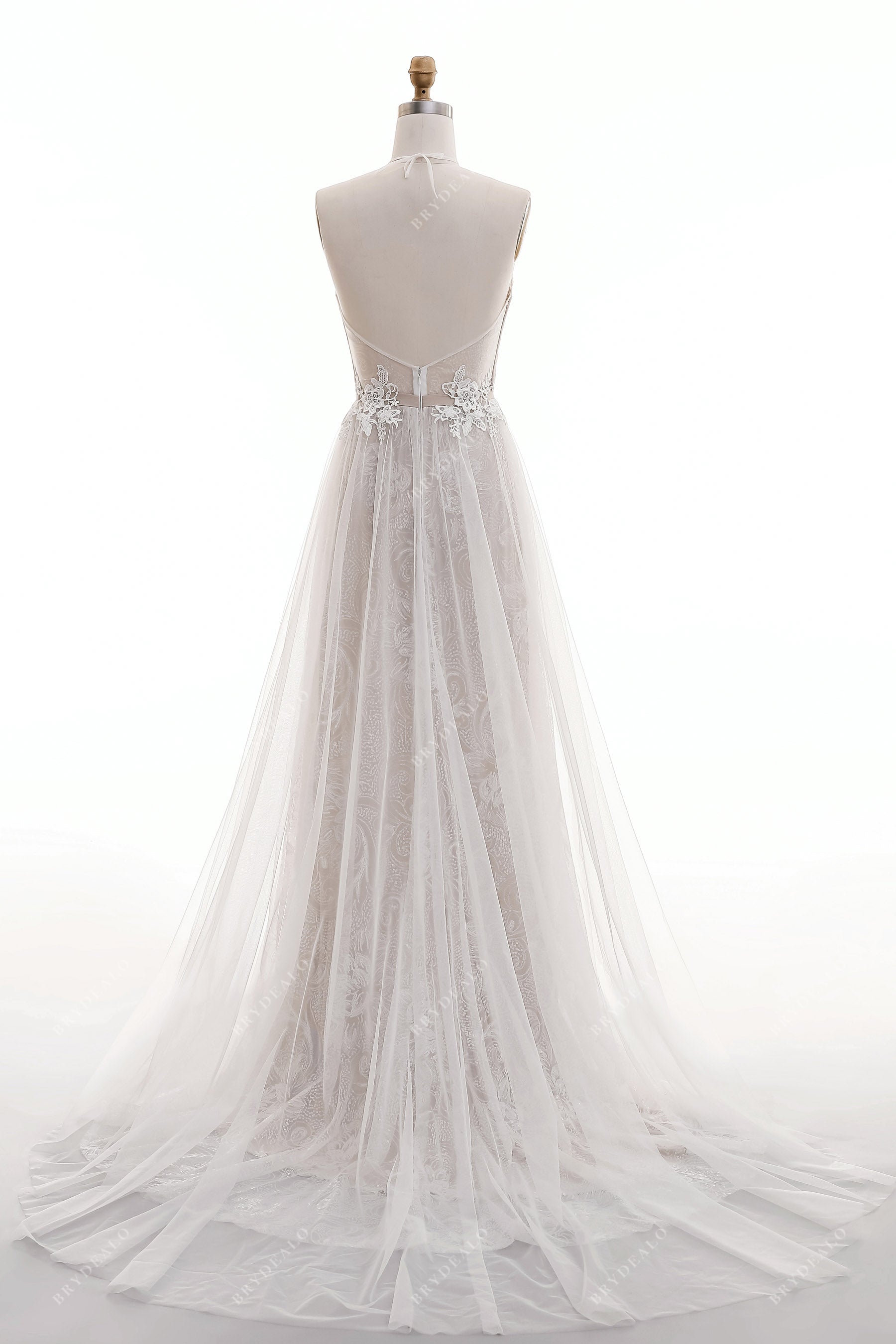 A-line Tulle Open Back Long Train Beach Wedding Dress