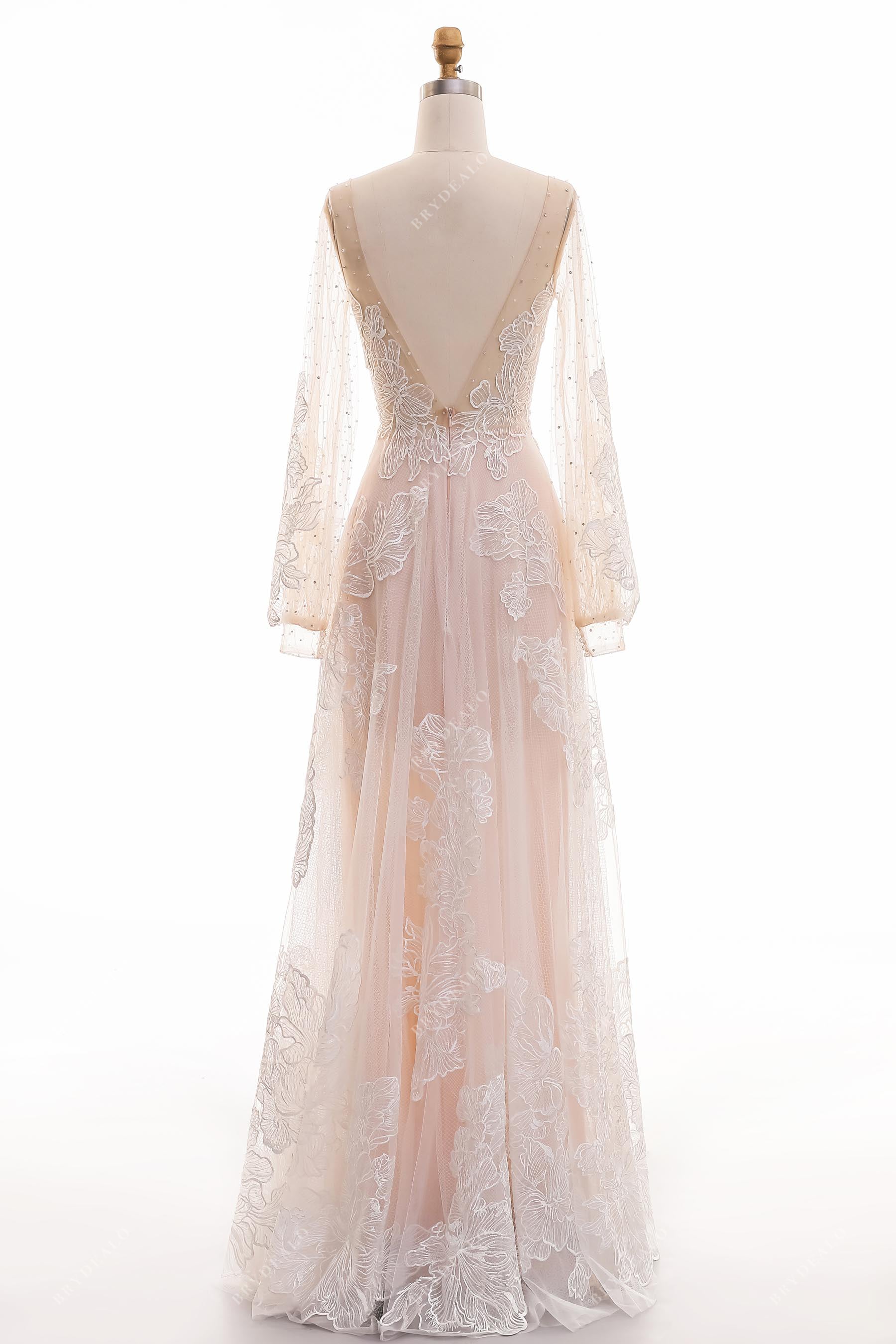 V-back illusion sleeved A-line lace bridal dress