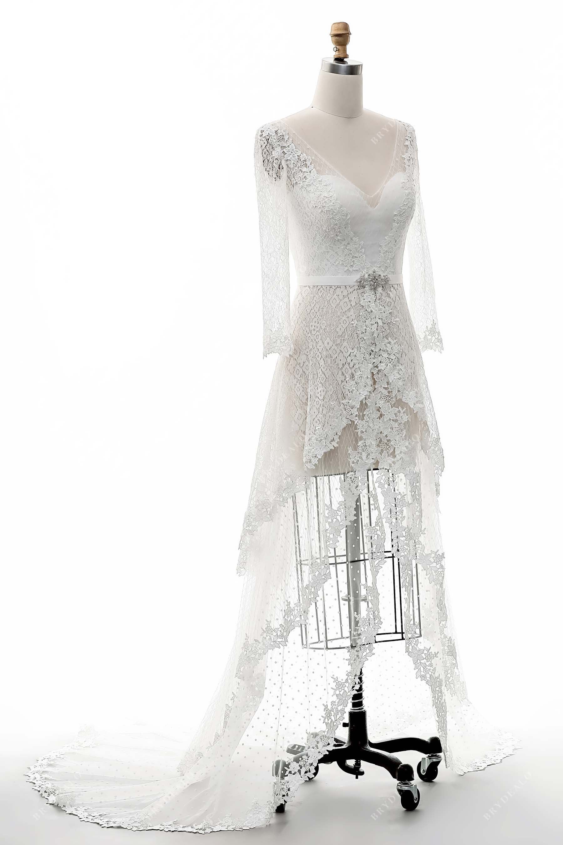 sheer long sleeves city tiered lace A-line bridal dress