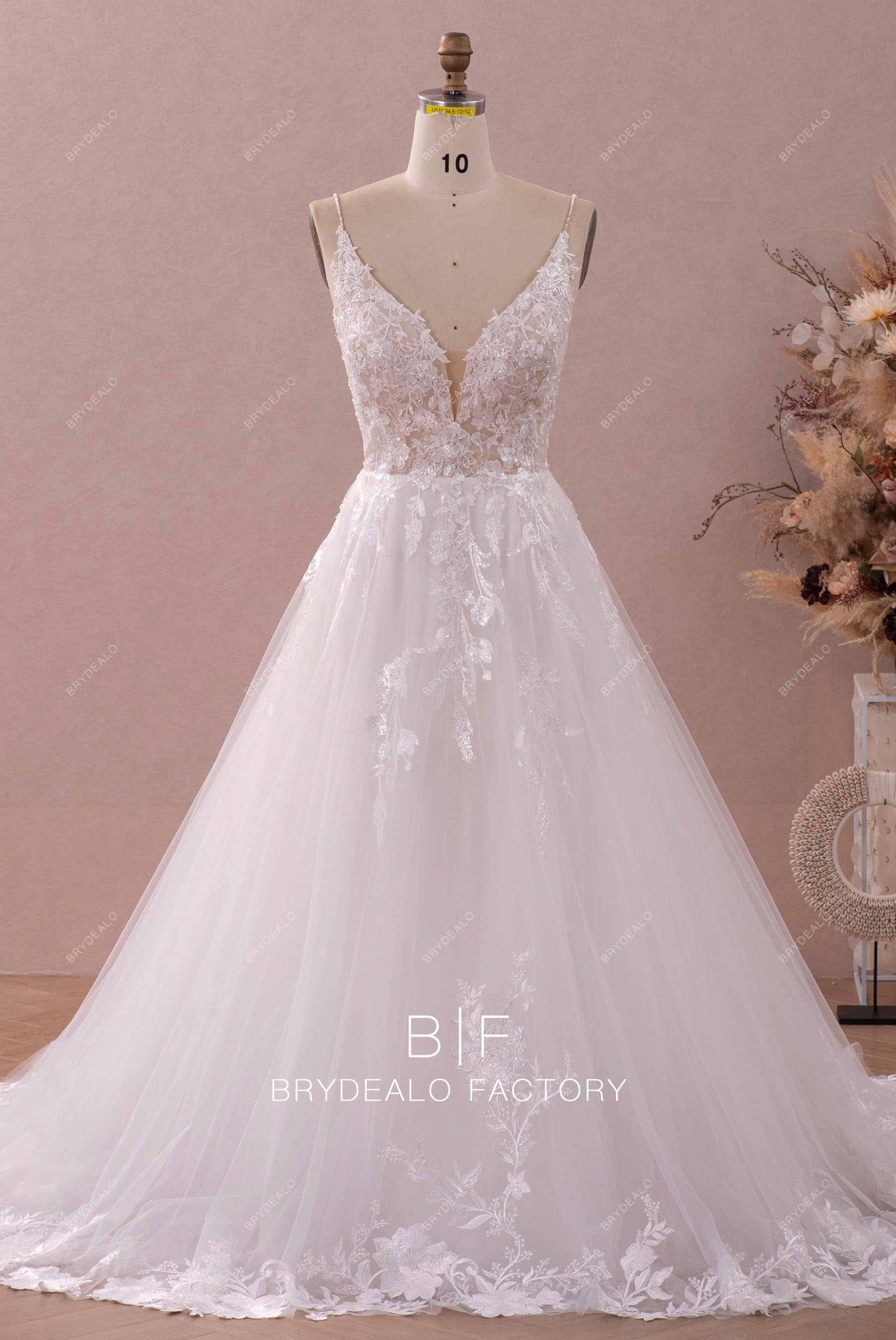 plunging neck lace A-line shimmery wedding dress