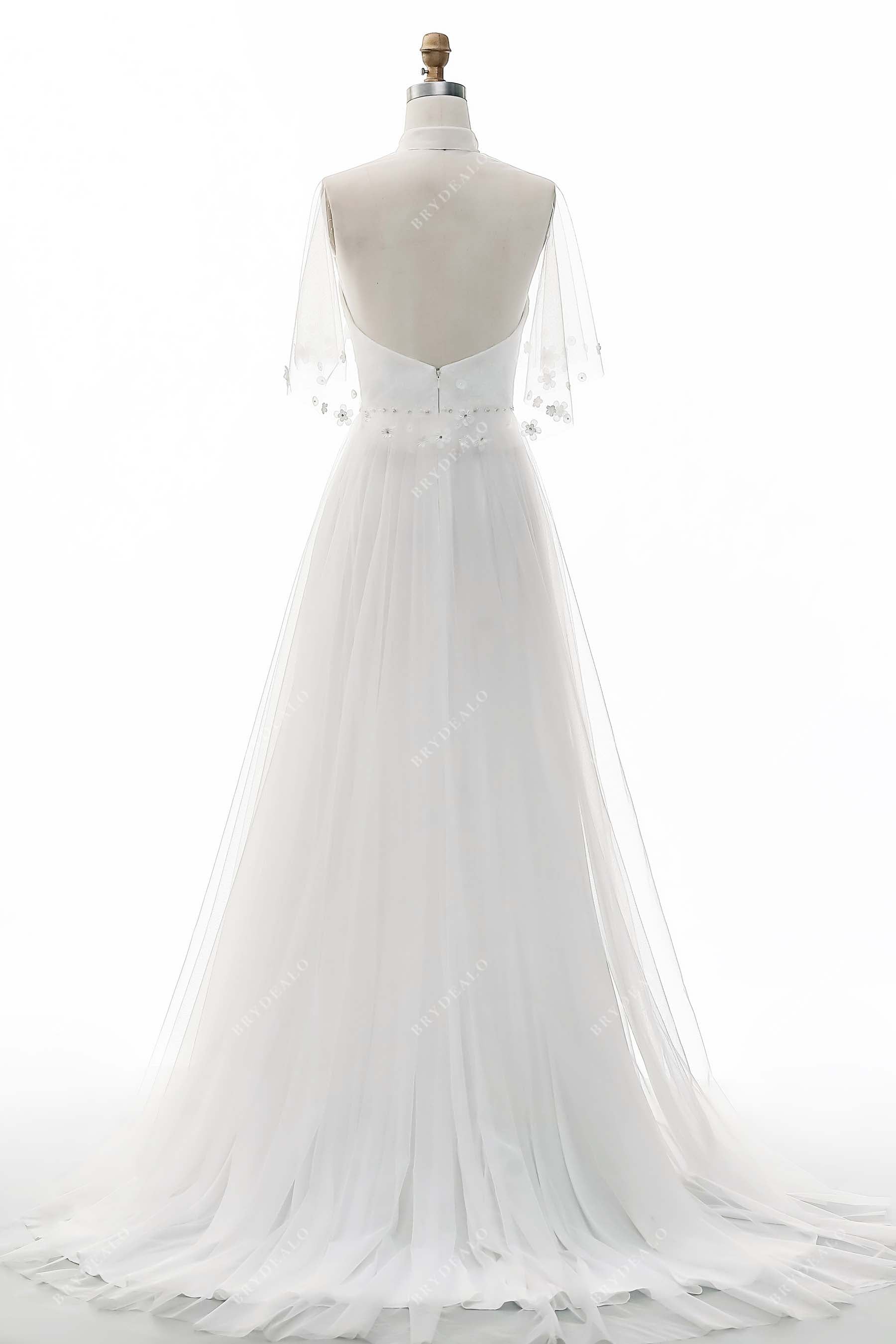 A-line tulle short train high-neck cape bridal dress
