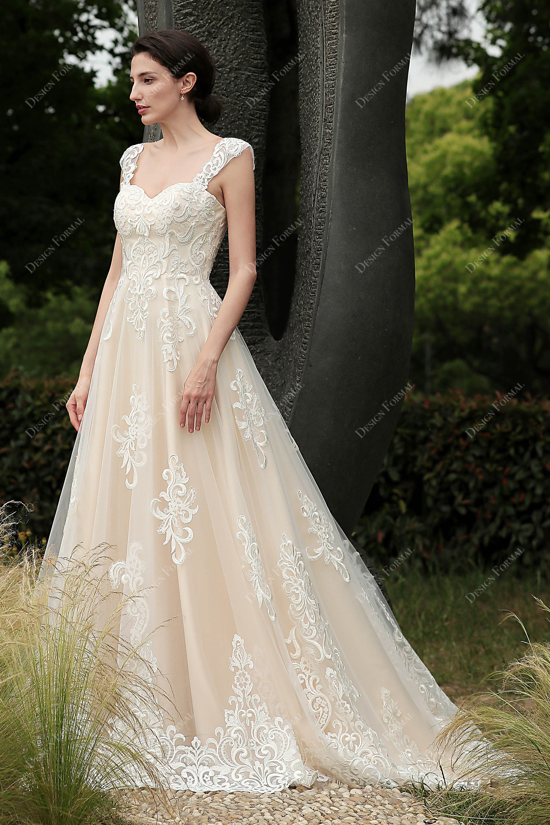 A-line Wedding Dress Light Ivory Lace Overlaid Champagne
