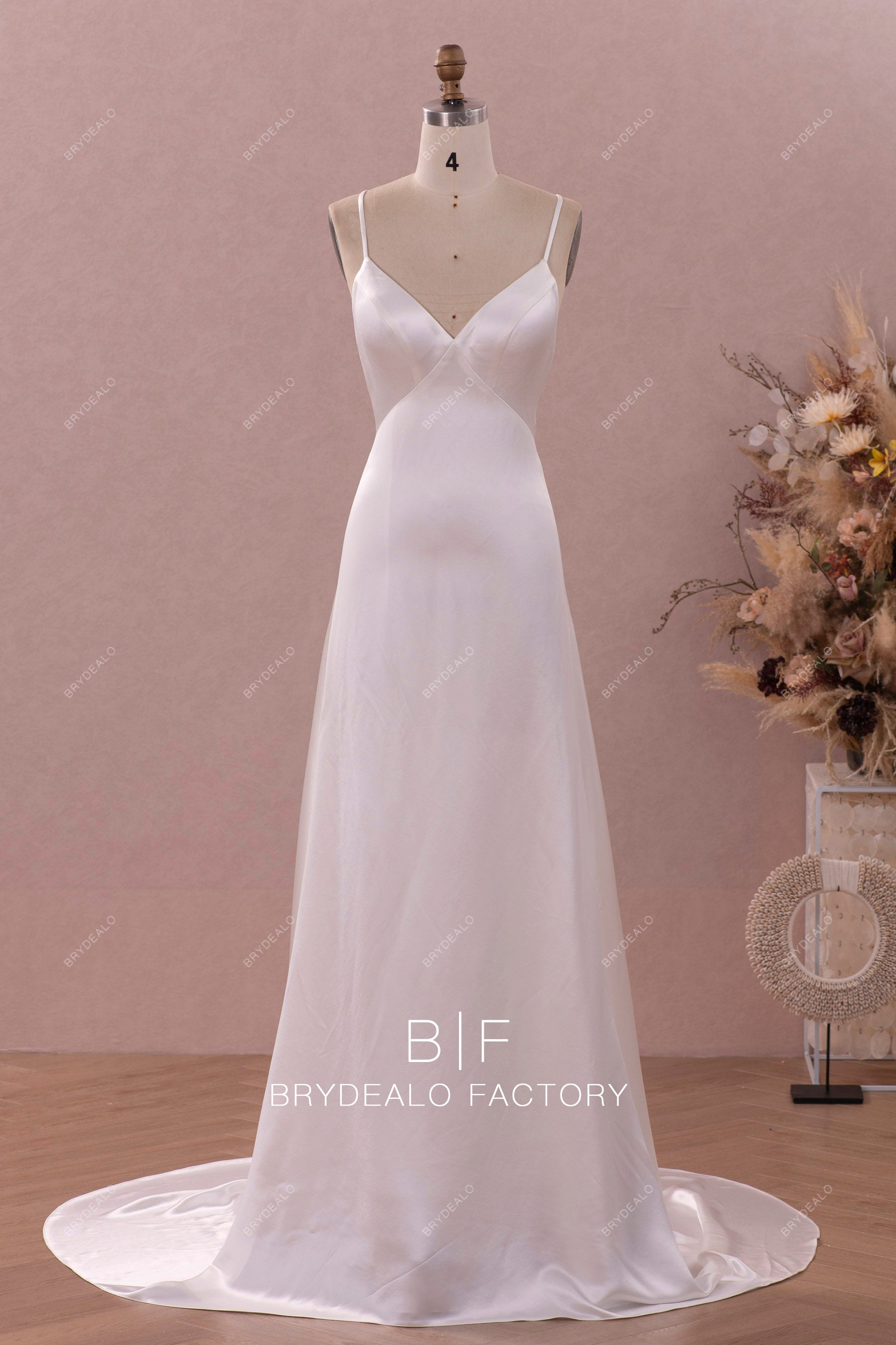 designer acetate satin strap slip A-line wedding dress