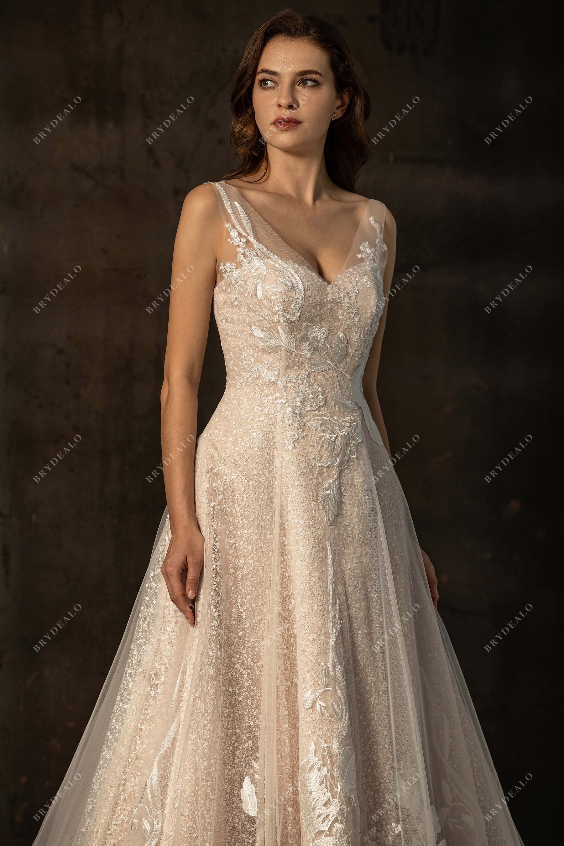 sheer lace strap sequin designer wedding dress