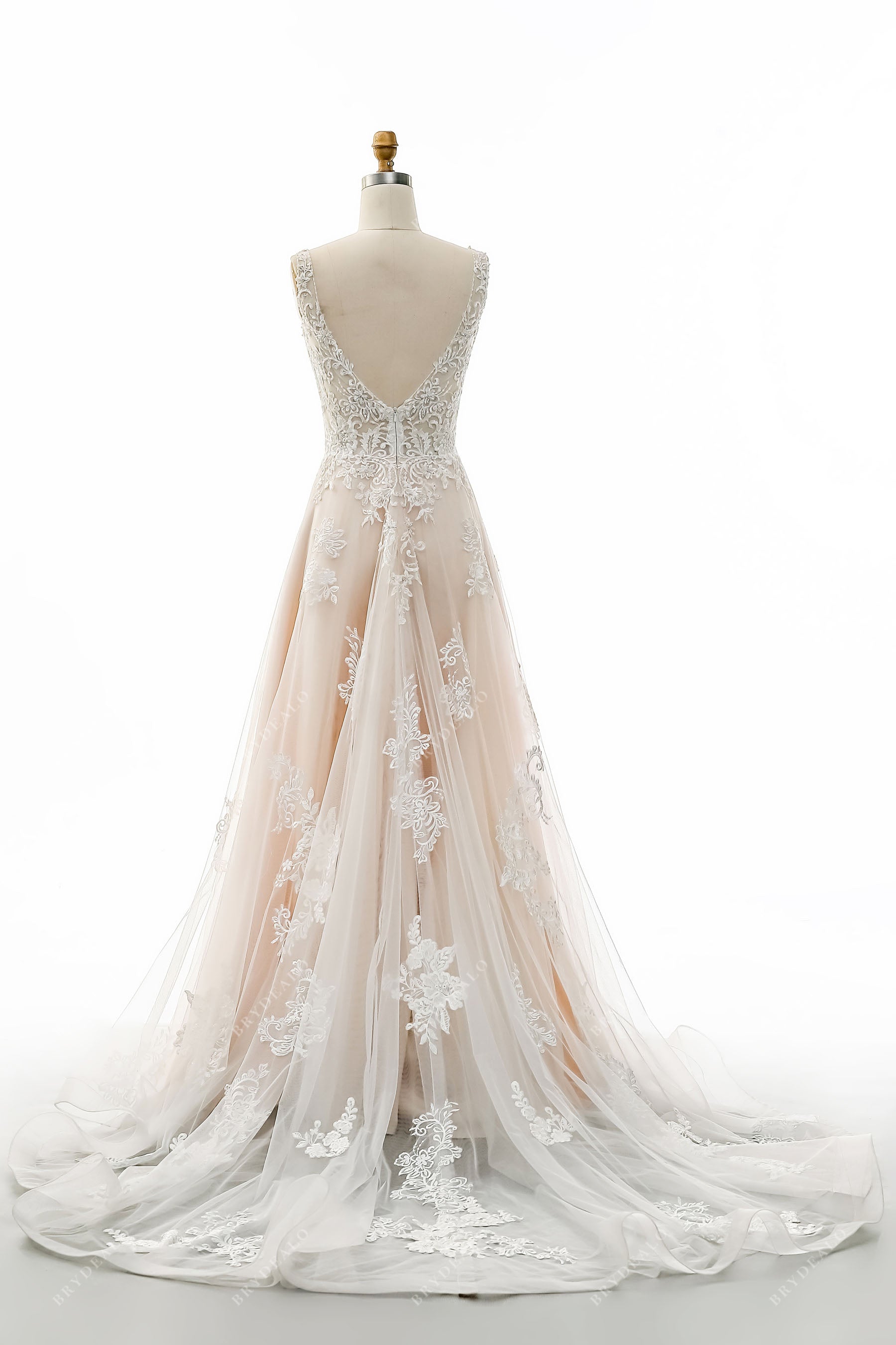 appliqued tulle chapel train wedding dress
