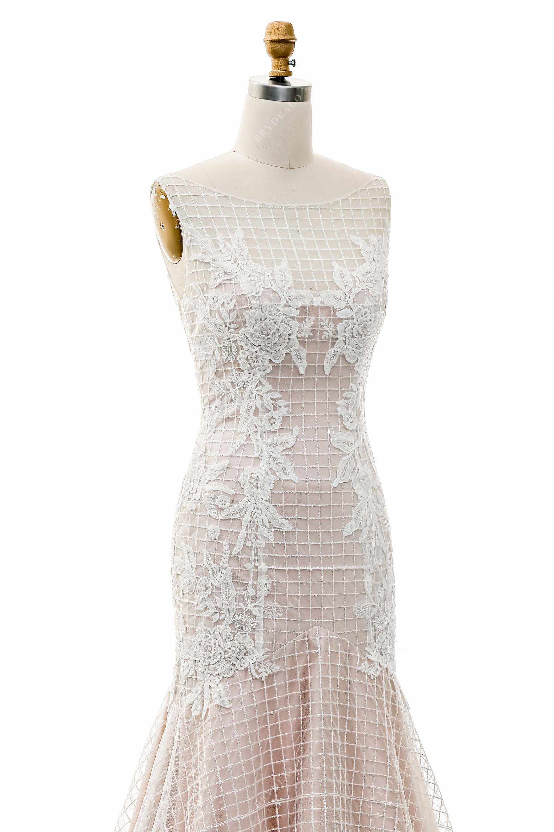 Bateau Neck Floral Lace Sleeveless Destination Bridal Dress